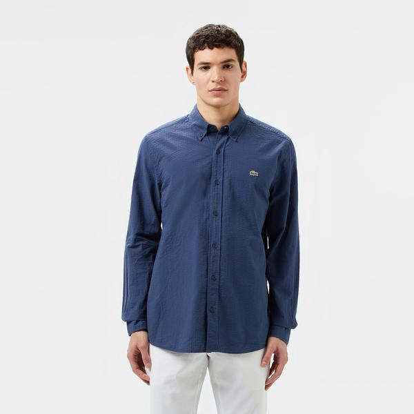 Erkek Slim Fit Düğmeli Yaka Lacivert Gömlek