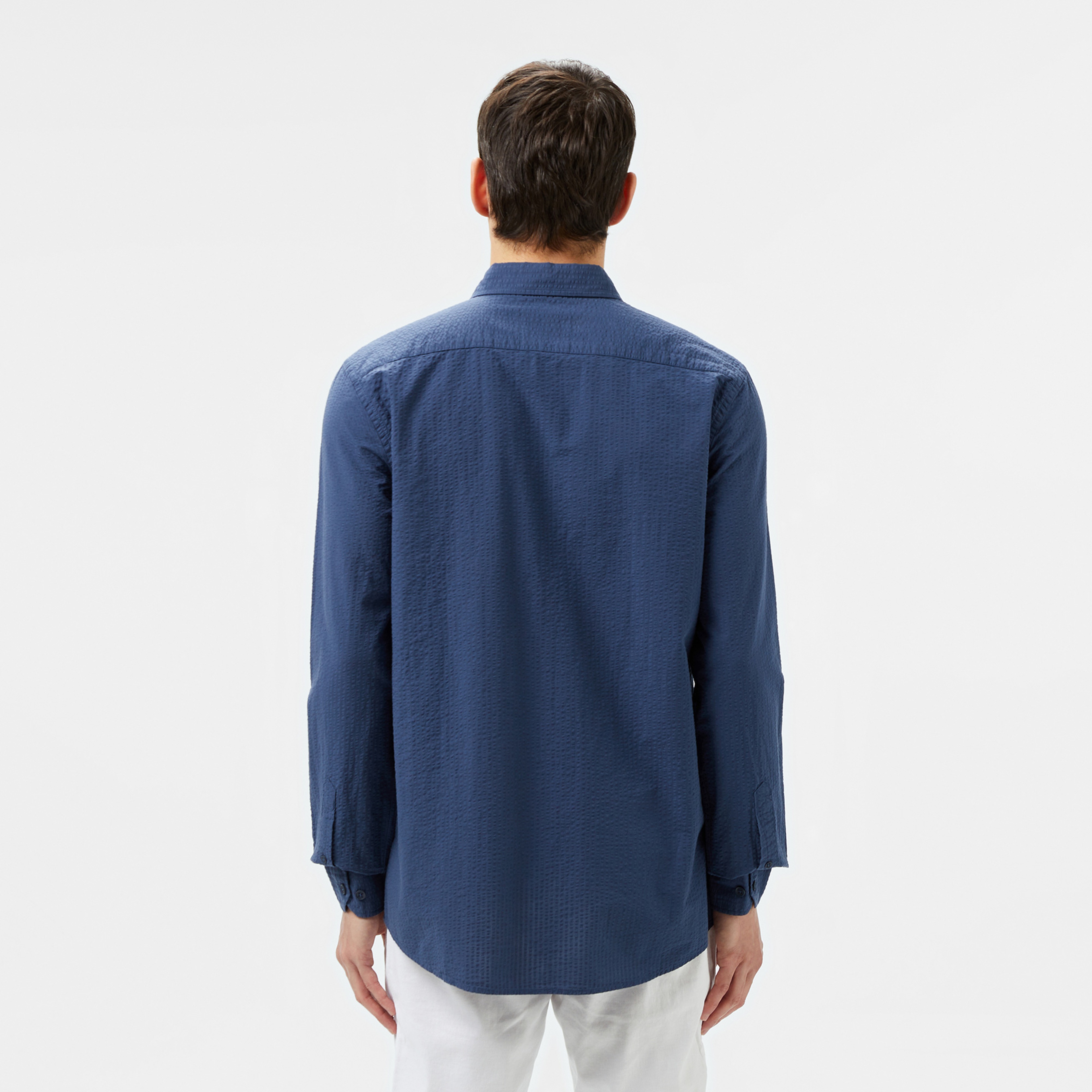 Erkek Slim Fit Düğmeli Yaka Lacivert Gömlek