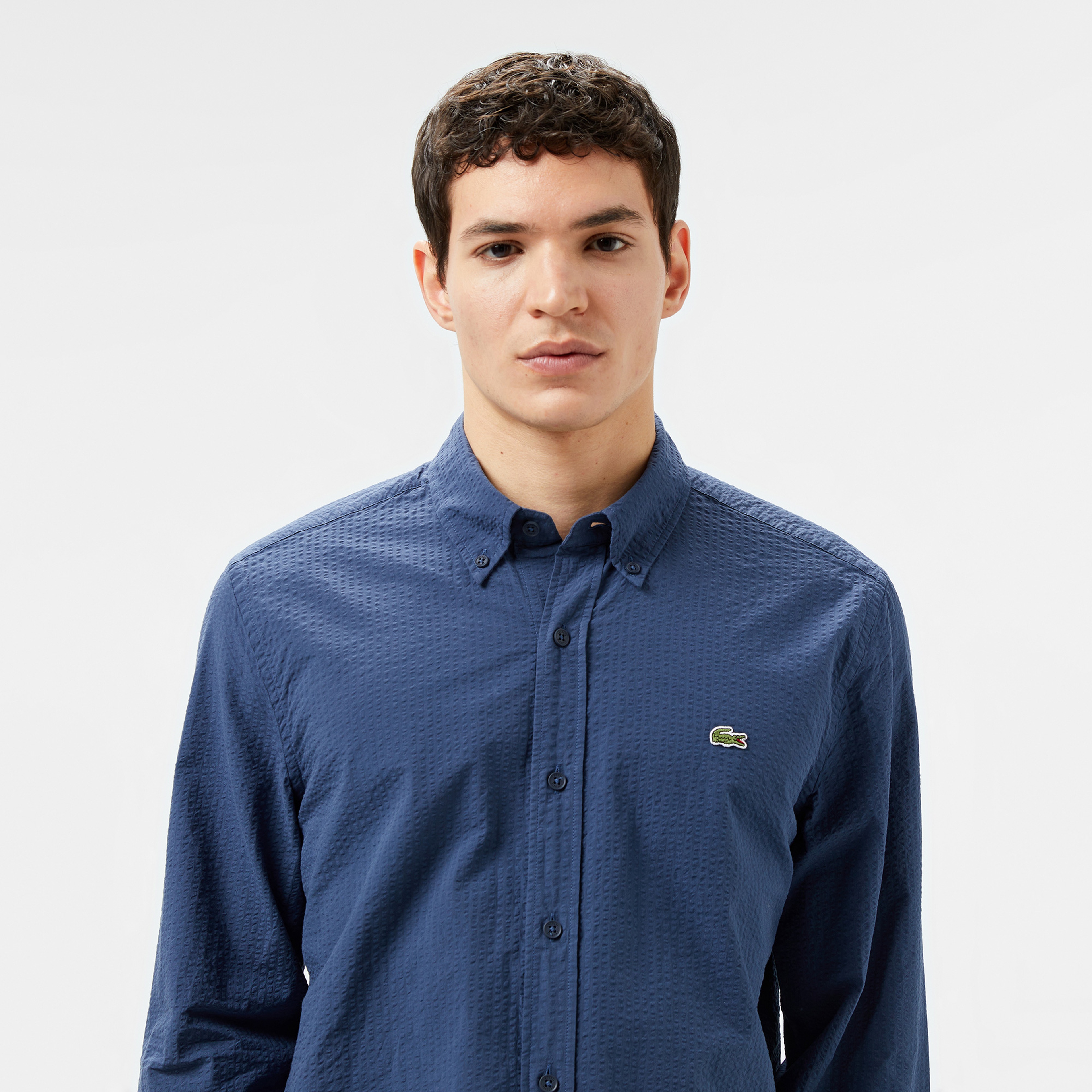 Erkek Slim Fit Düğmeli Yaka Lacivert Gömlek