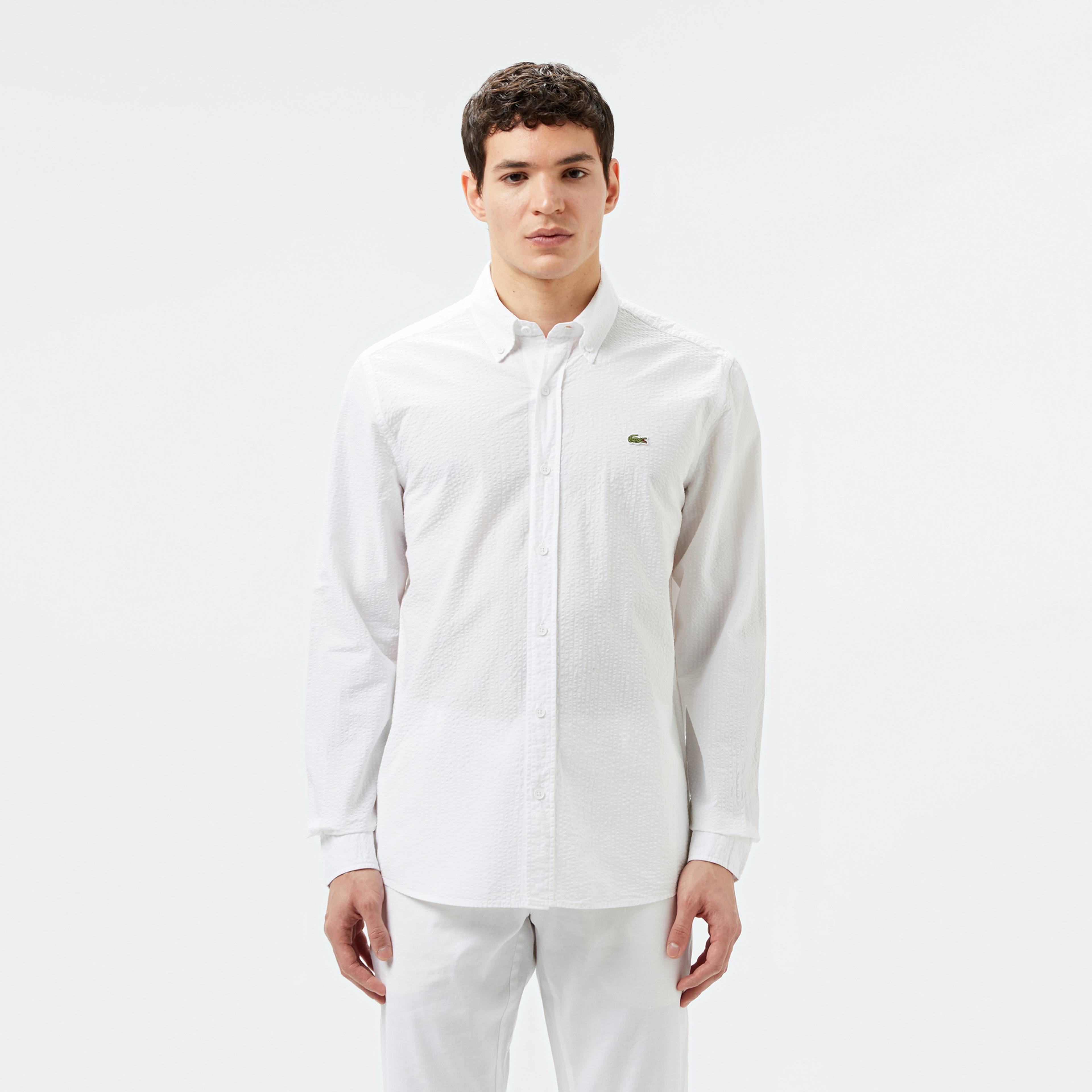 Erkek Slim Fit Düğmeli Yaka Beyaz Gömlek