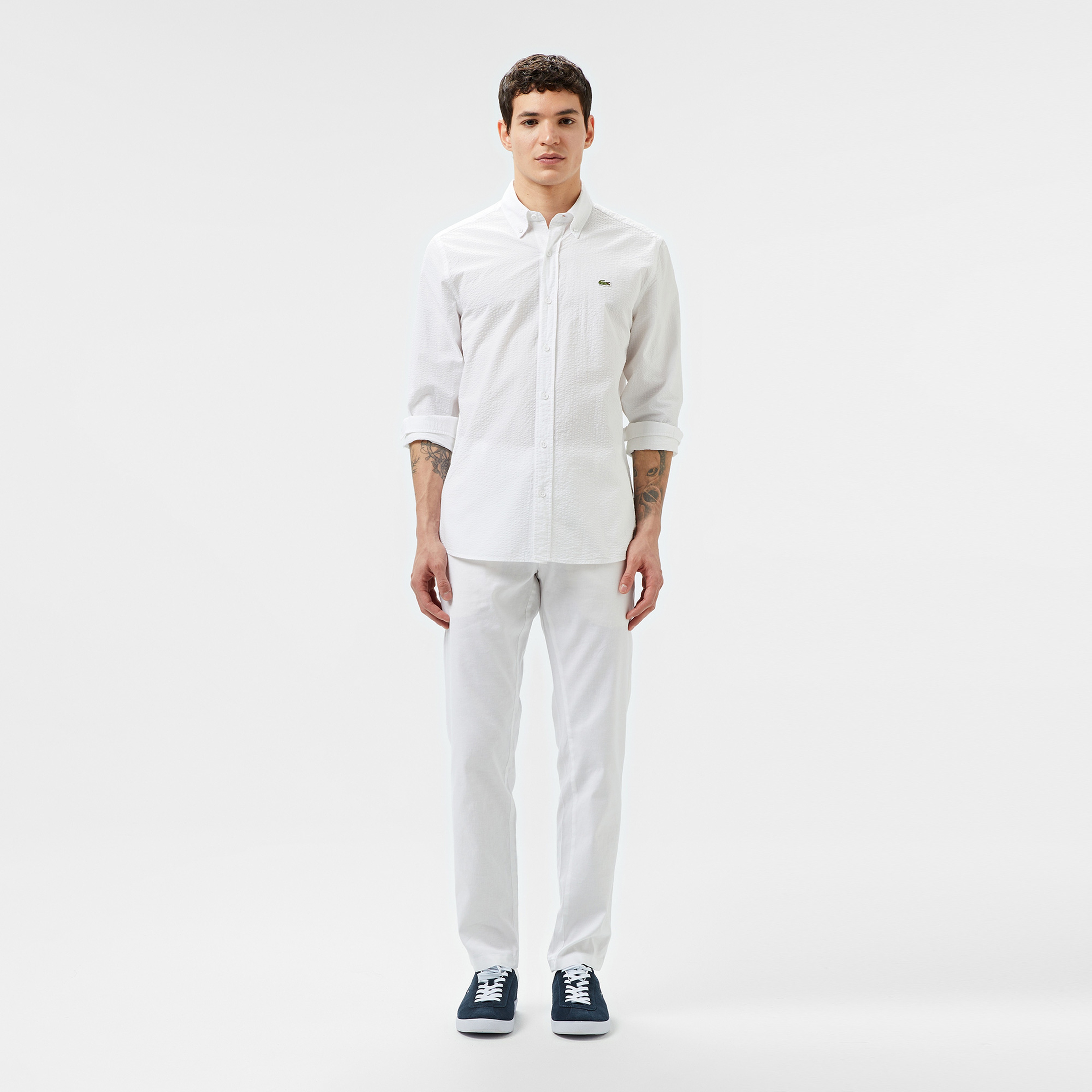 Erkek Slim Fit Düğmeli Yaka Beyaz Gömlek