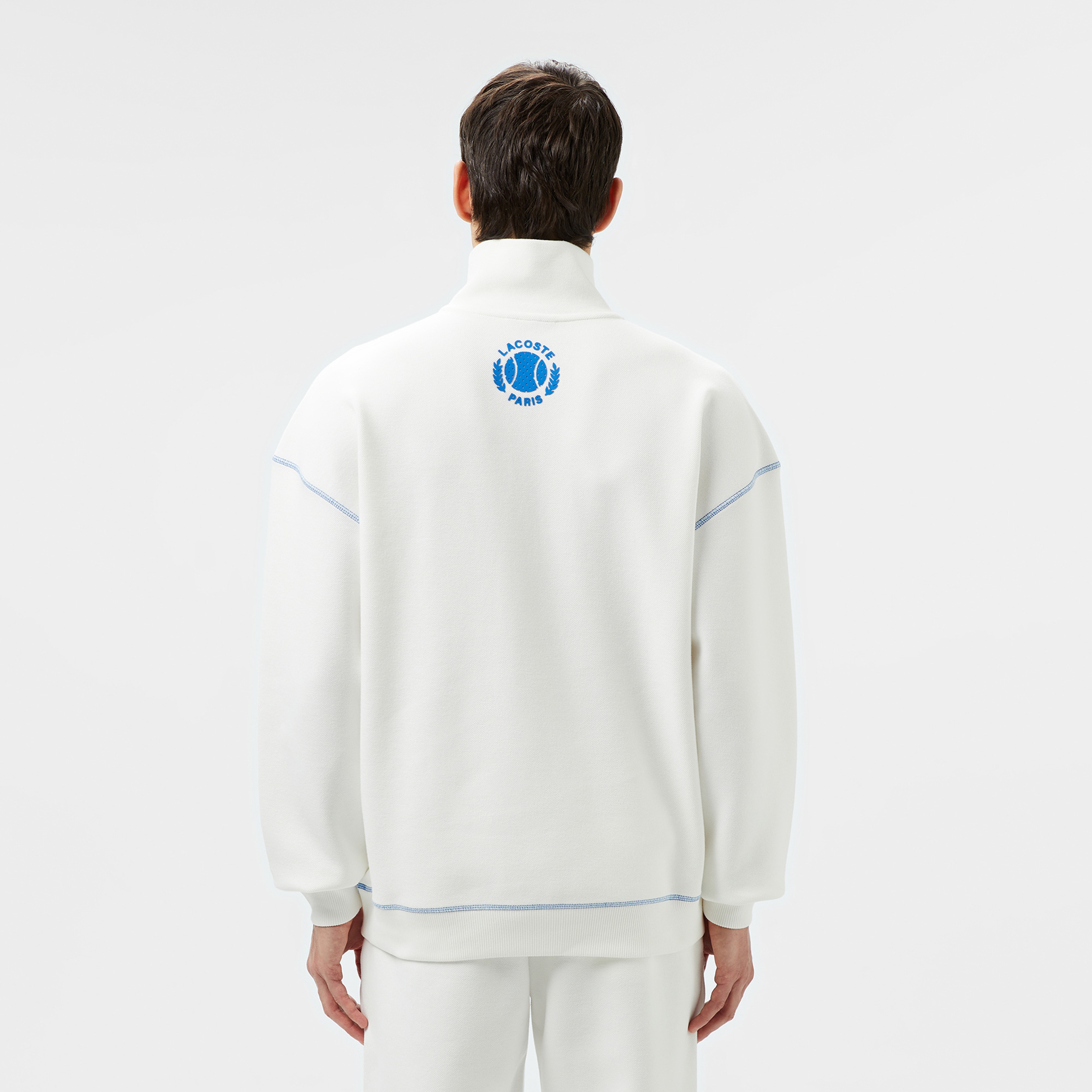 Erkek Relaxed Fit Yarım Fermuarlı Renk Bloklu Beyaz Sweatshirt