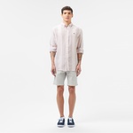 Erkek Regular Fit Çizgili Keten Kahverengi Gömlek