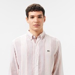 Erkek Regular Fit Çizgili Keten Kahverengi Gömlek