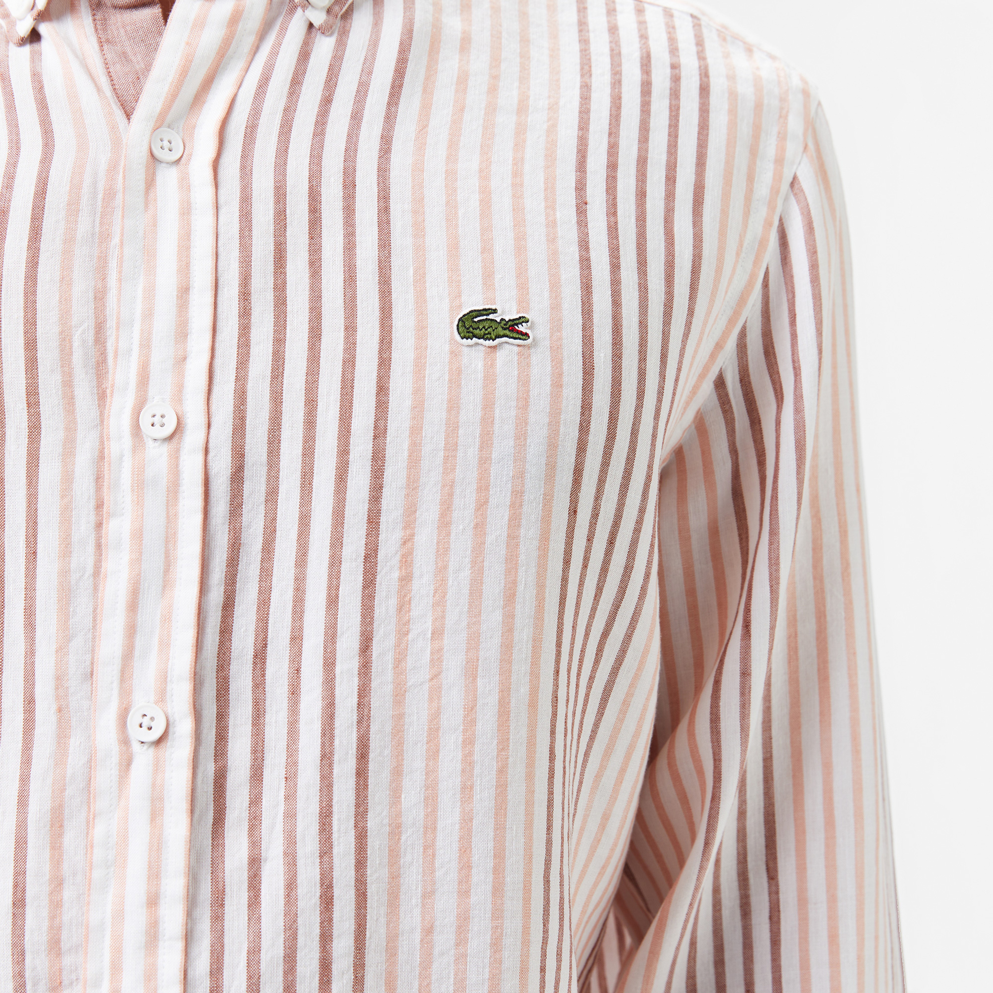 Erkek Regular Fit Çizgili Keten Kahverengi Gömlek