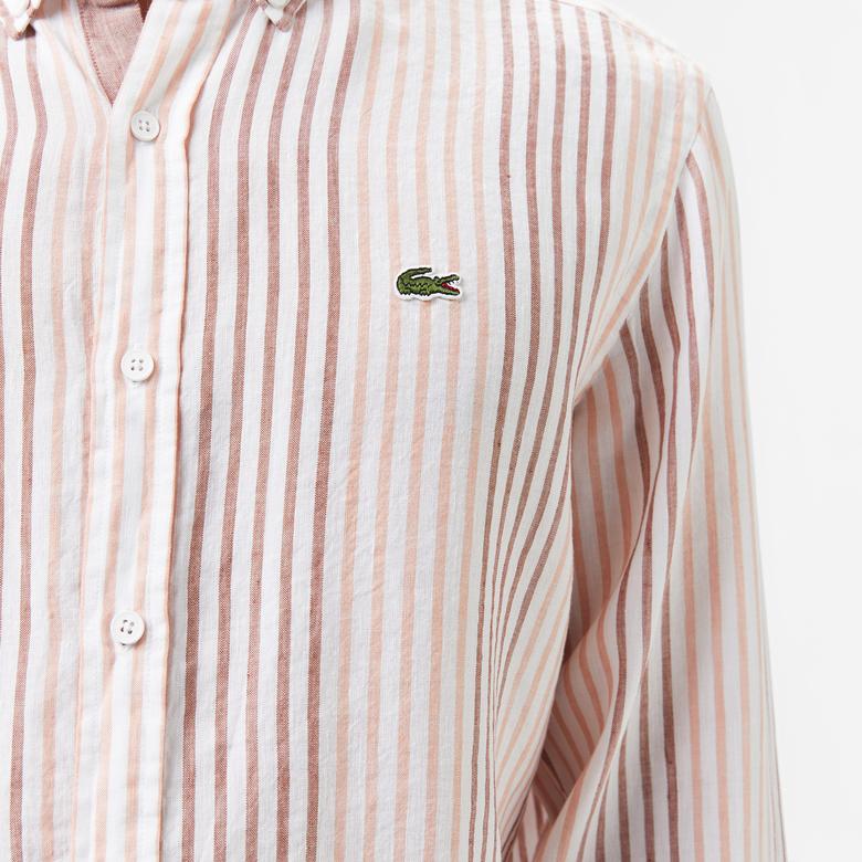 Erkek Regular Fit Çizgili Keten Kahverengi Gömlek