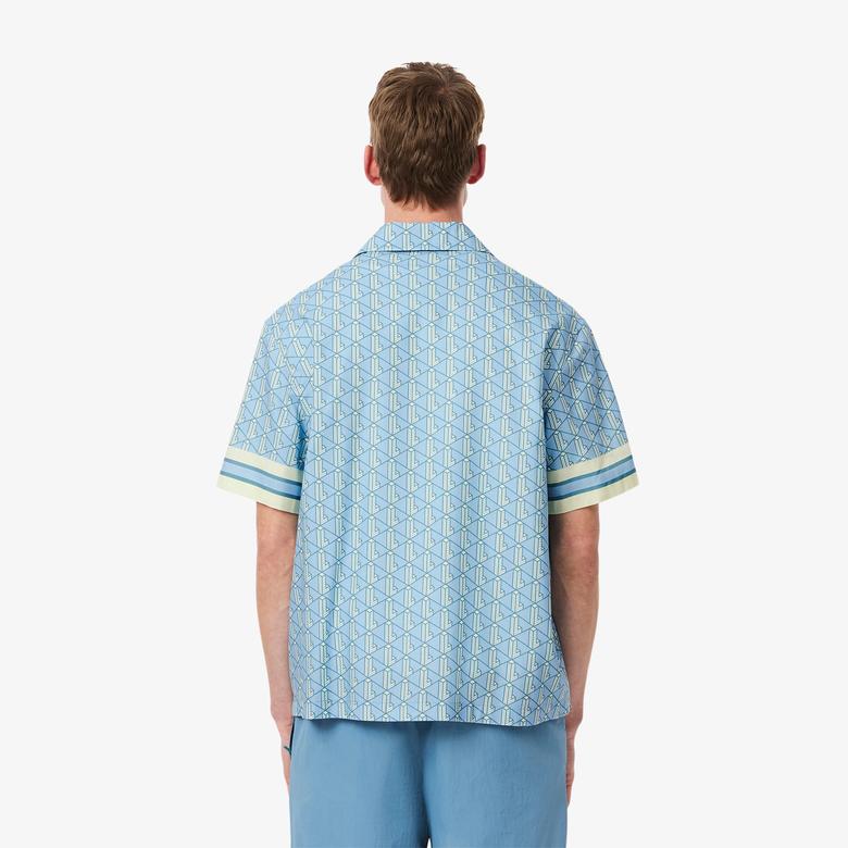 Erkek Relaxed Fit Kısa Kollu Monogram Mavi Gömlek