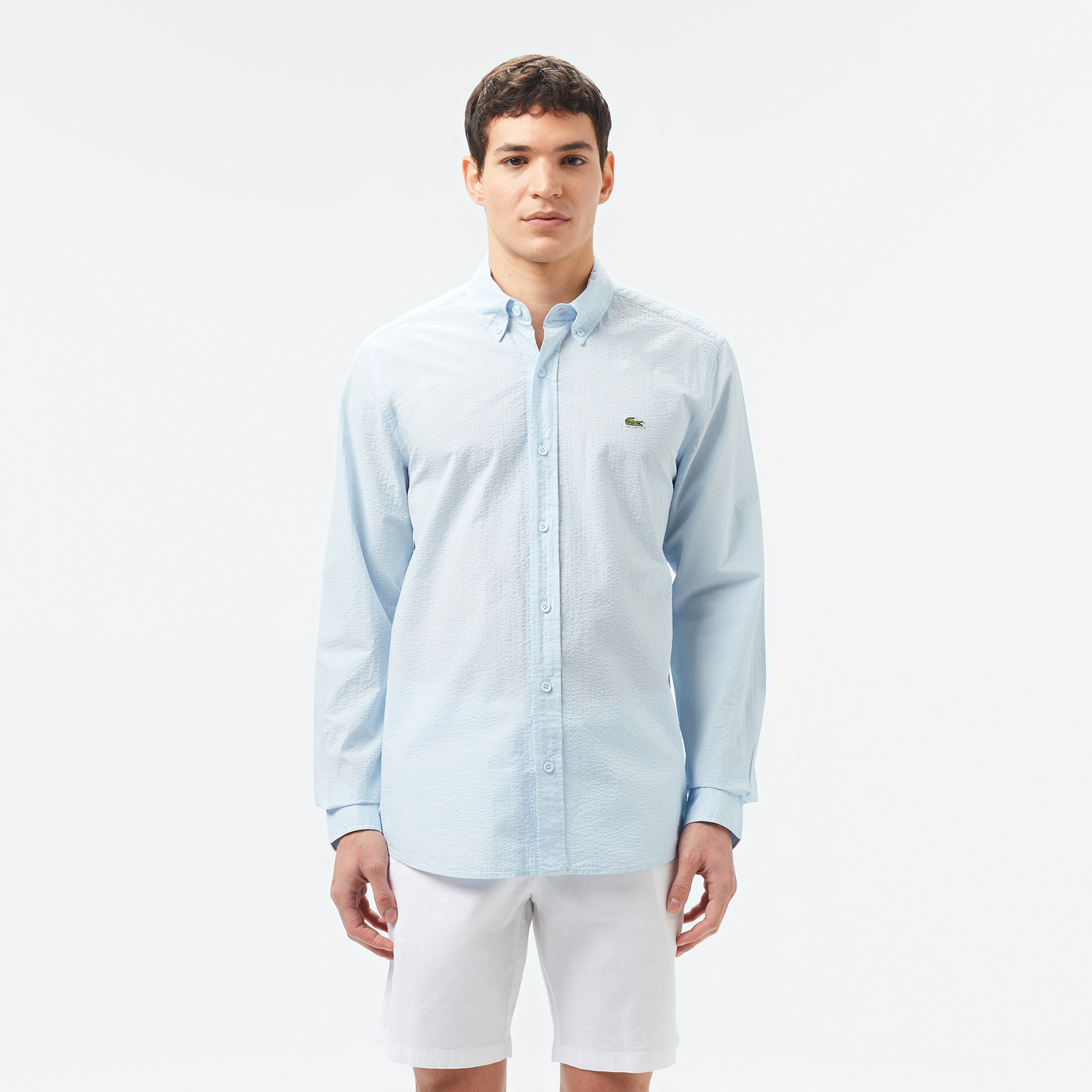 Erkek Slim Fit Düğmeli Yaka Açık Mavi Gömlek