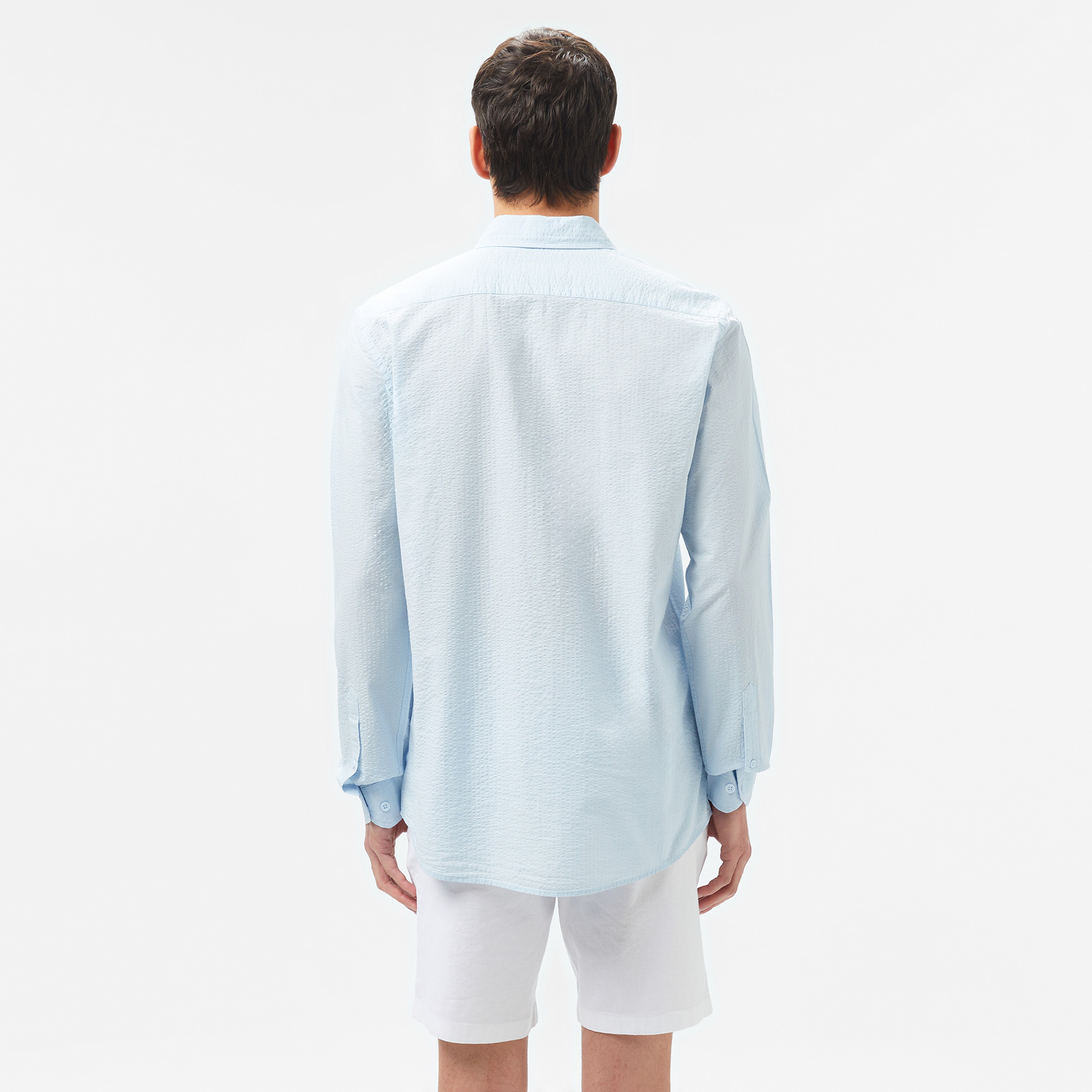 Erkek Slim Fit Düğmeli Yaka Açık Mavi Gömlek