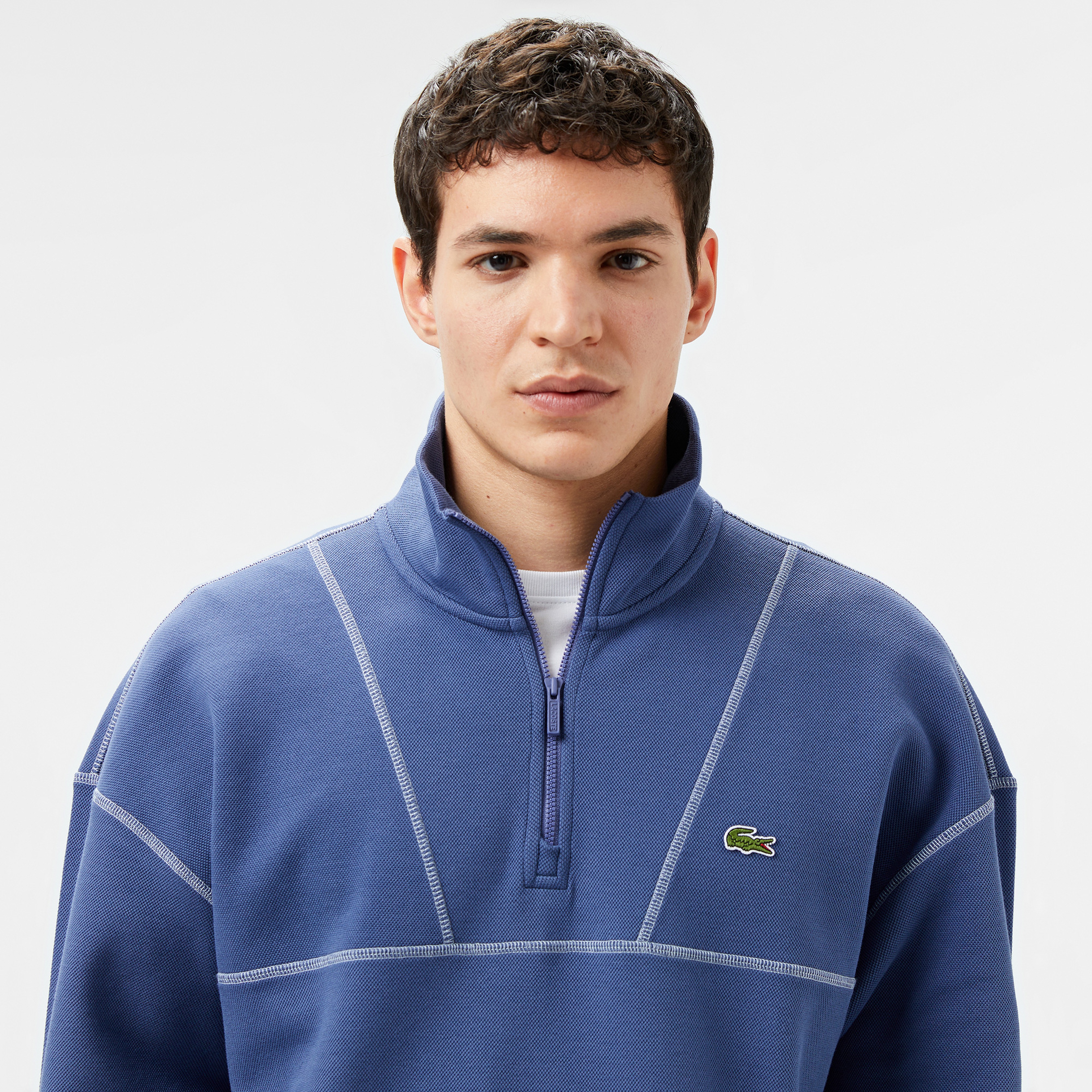 Erkek Relaxed Fit Yarım Fermuarlı Renk Bloklu Mavi Sweatshirt