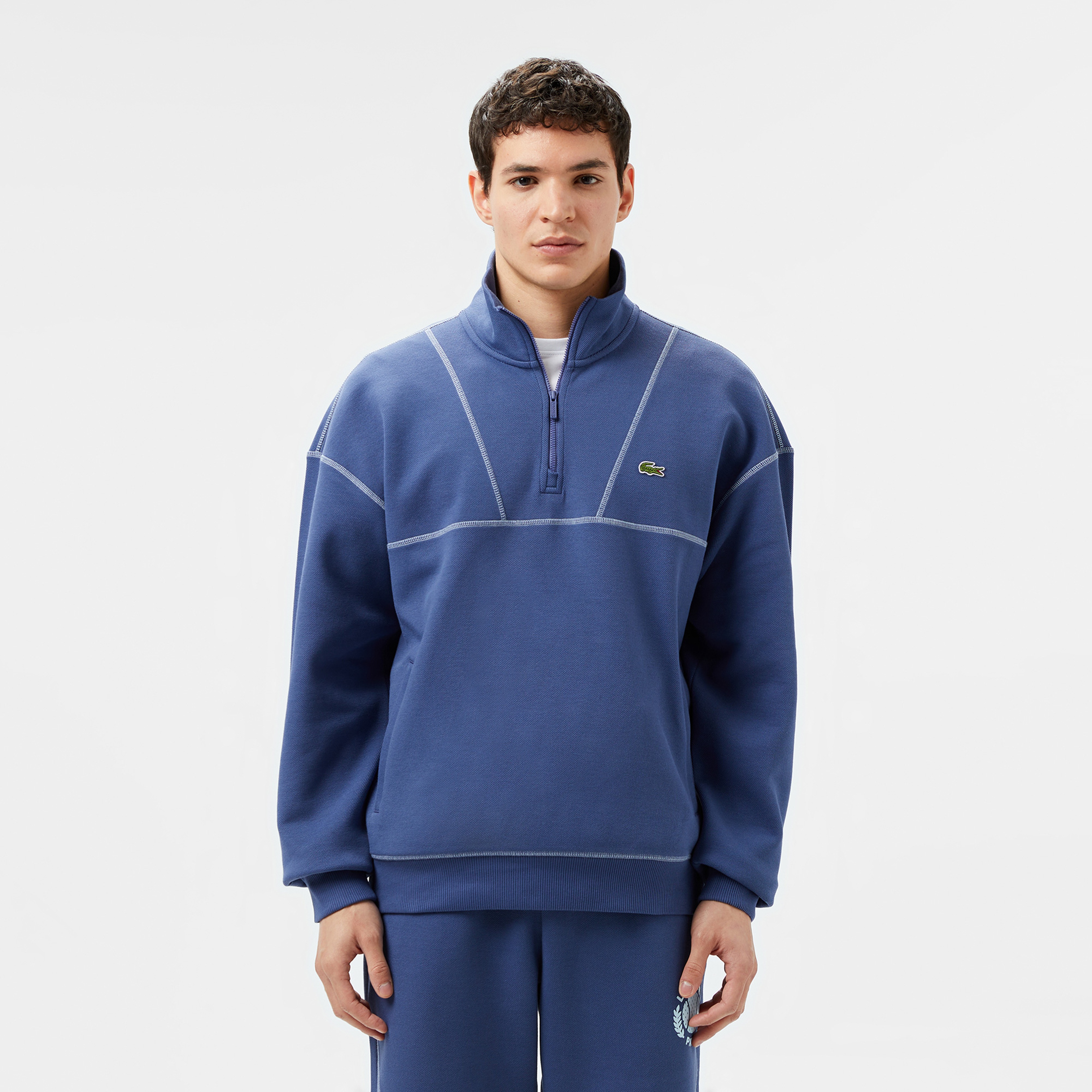 Erkek Relaxed Fit Yarım Fermuarlı Renk Bloklu Mavi Sweatshirt