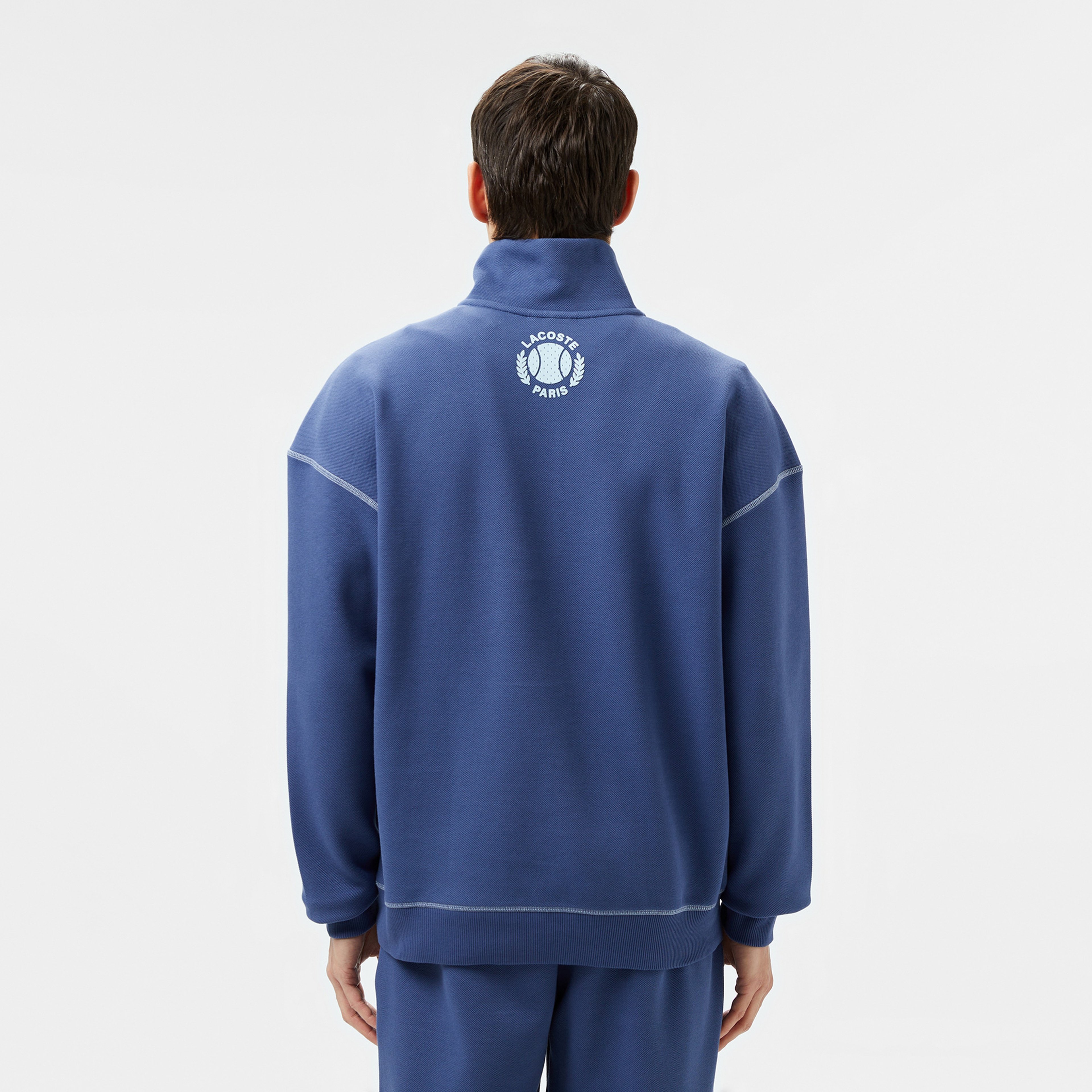 Erkek Relaxed Fit Yarım Fermuarlı Renk Bloklu Mavi Sweatshirt