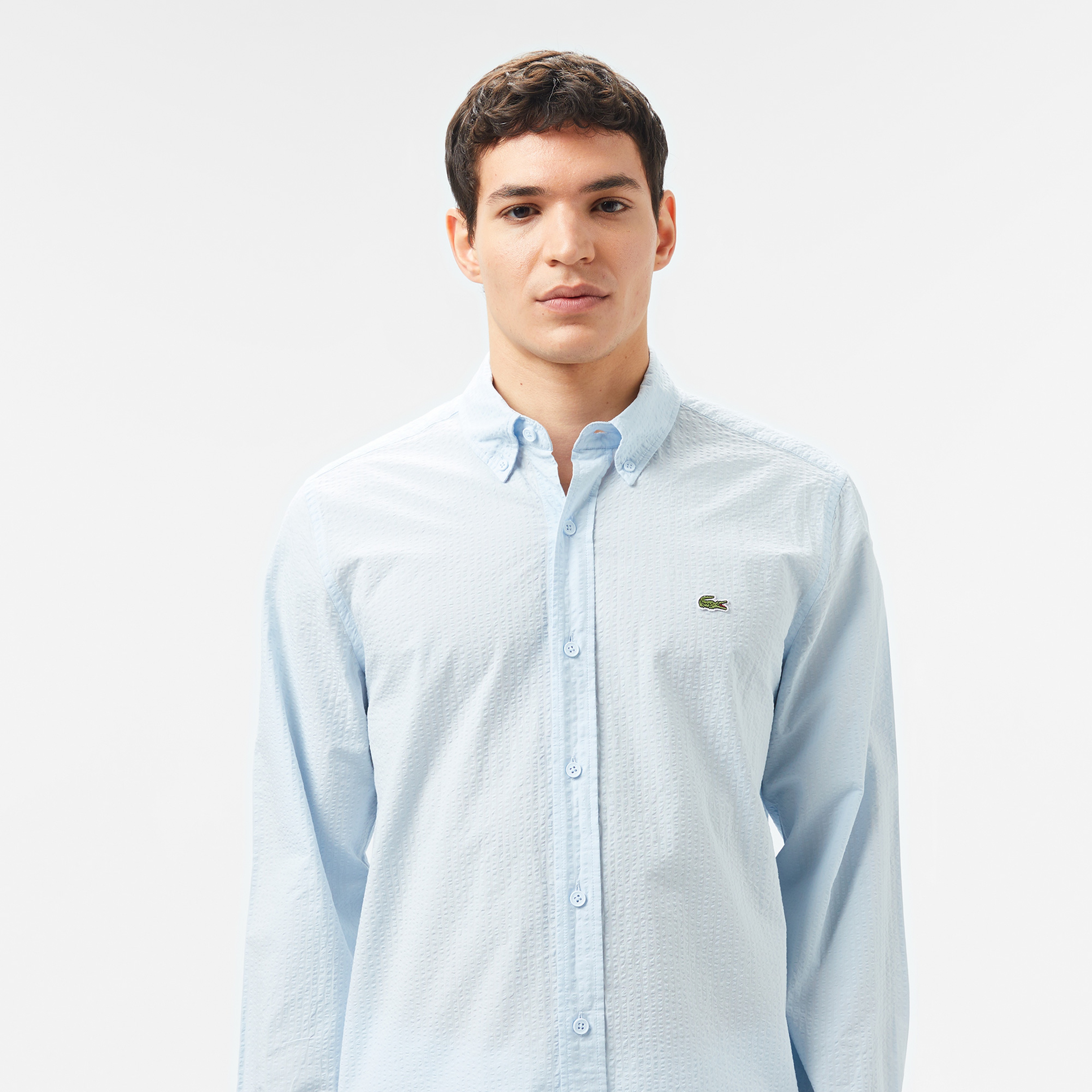 Erkek Slim Fit Düğmeli Yaka Açık Mavi Gömlek