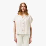 Kadın Regular Fit Kısa Kollu Çizgili Keten Bej Gömlek