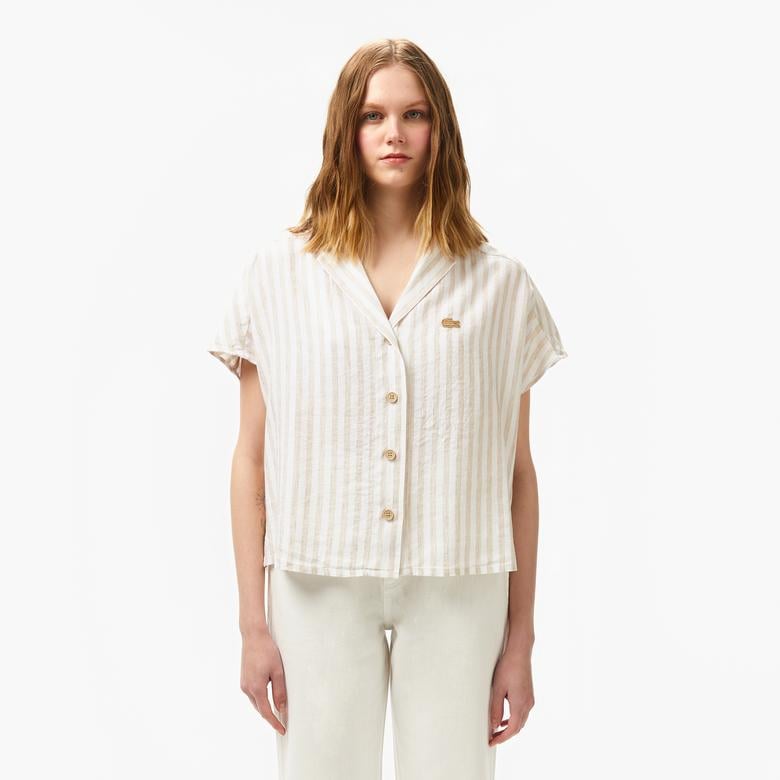 Kadın Regular Fit Kısa Kollu Çizgili Keten Bej Gömlek
