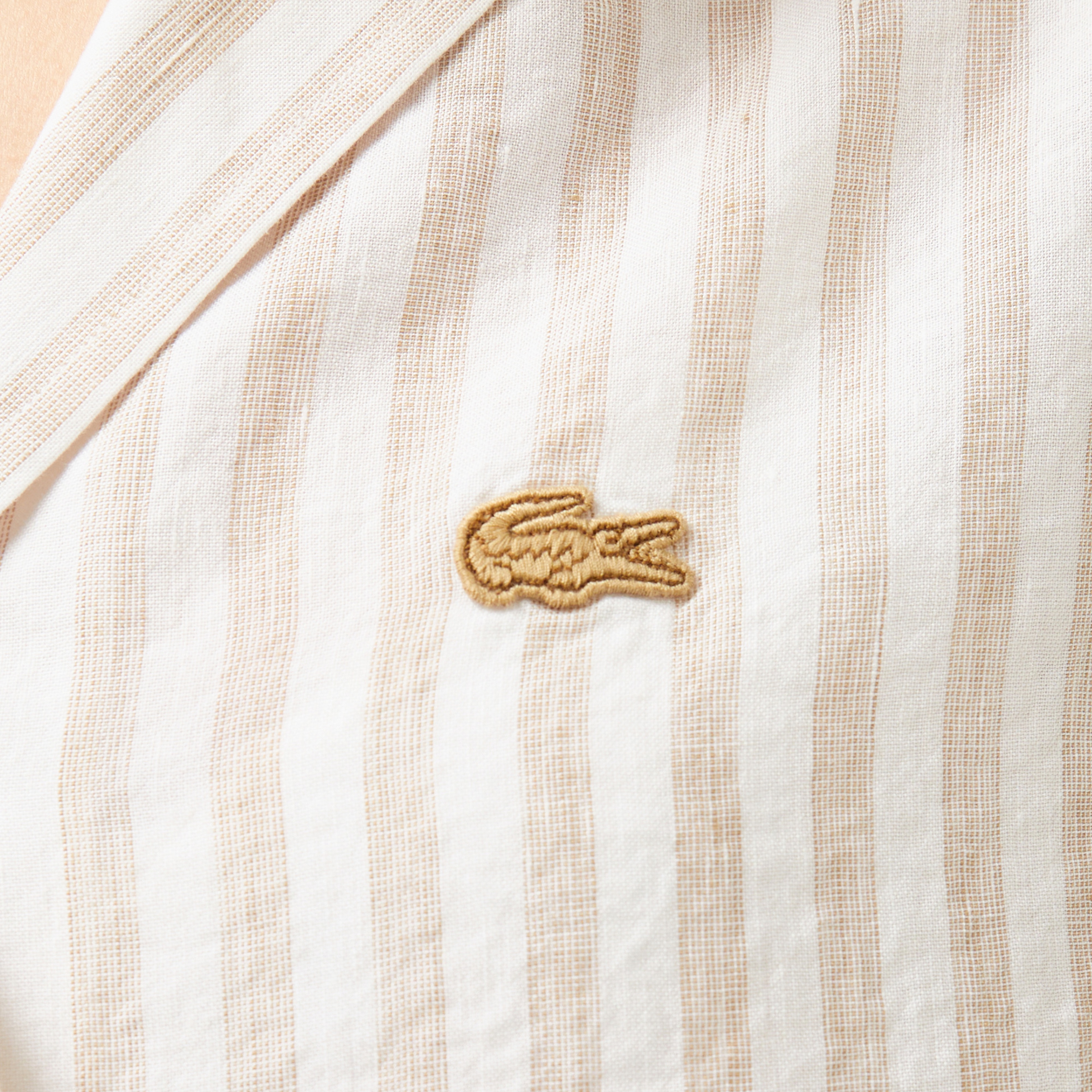 Kadın Regular Fit Kısa Kollu Çizgili Keten Bej Gömlek