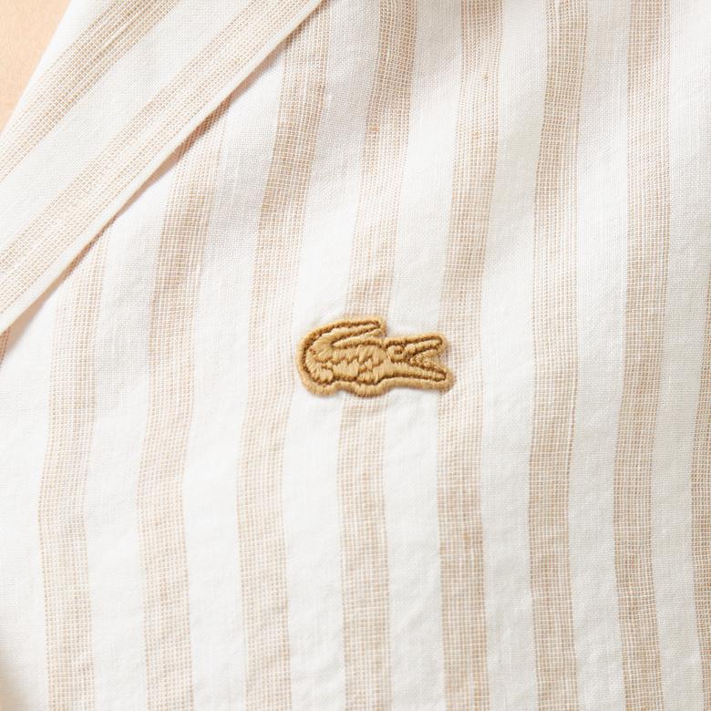 Kadın Regular Fit Kısa Kollu Çizgili Keten Bej Gömlek