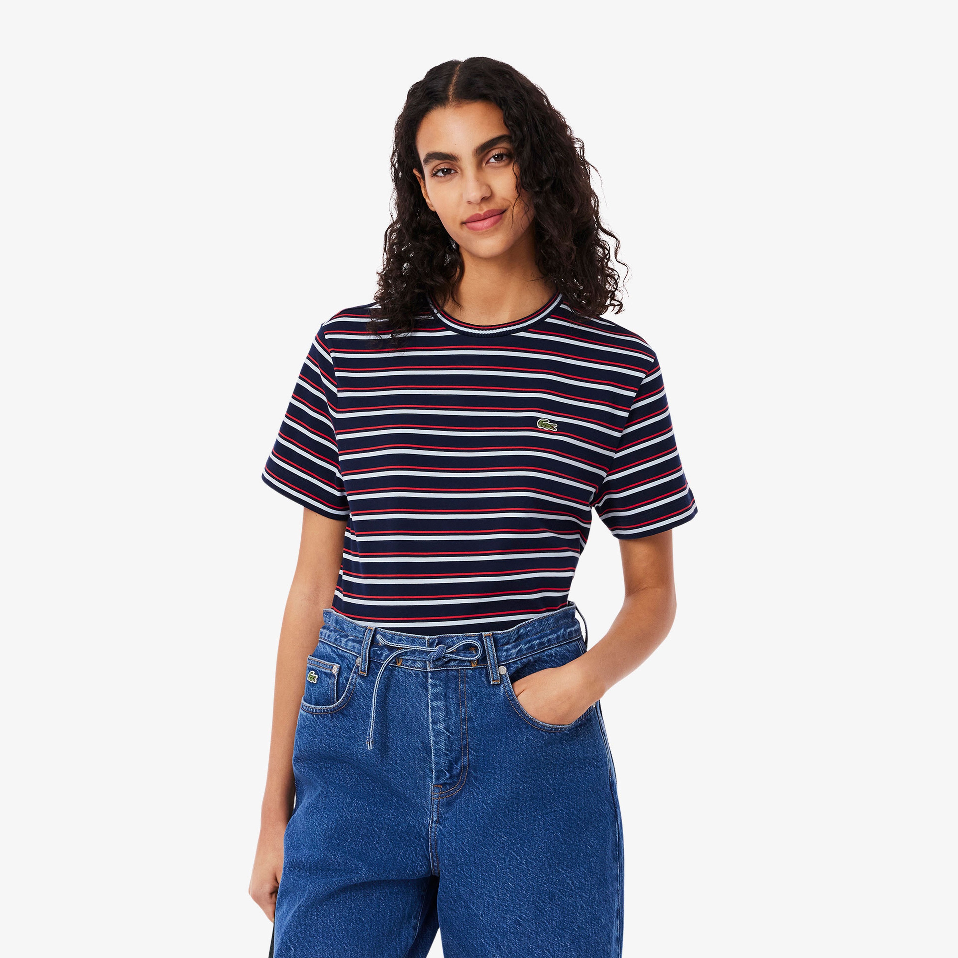 Kadın Regular Fit Bisiklet Yaka Çizgili Lacivert T-Shirt