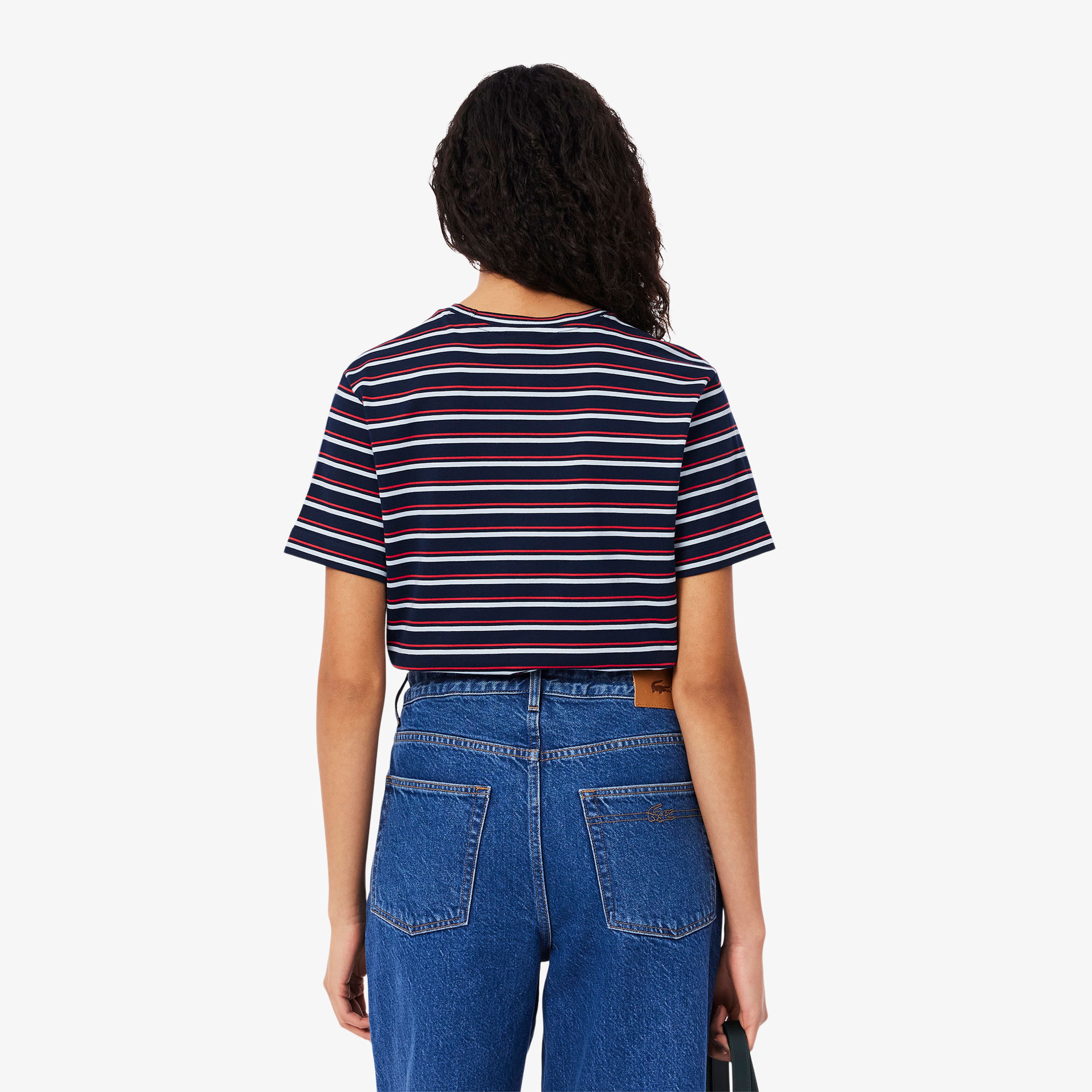 Kadın Regular Fit Bisiklet Yaka Çizgili Lacivert T-Shirt