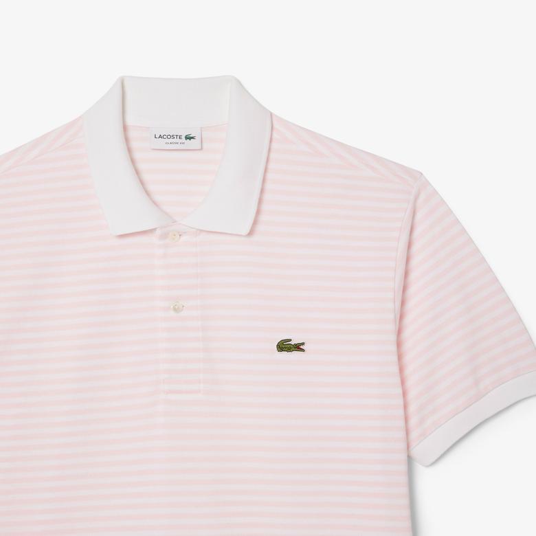 L.12.12 Erkek Classic Fit Çizgili Pembe Polo