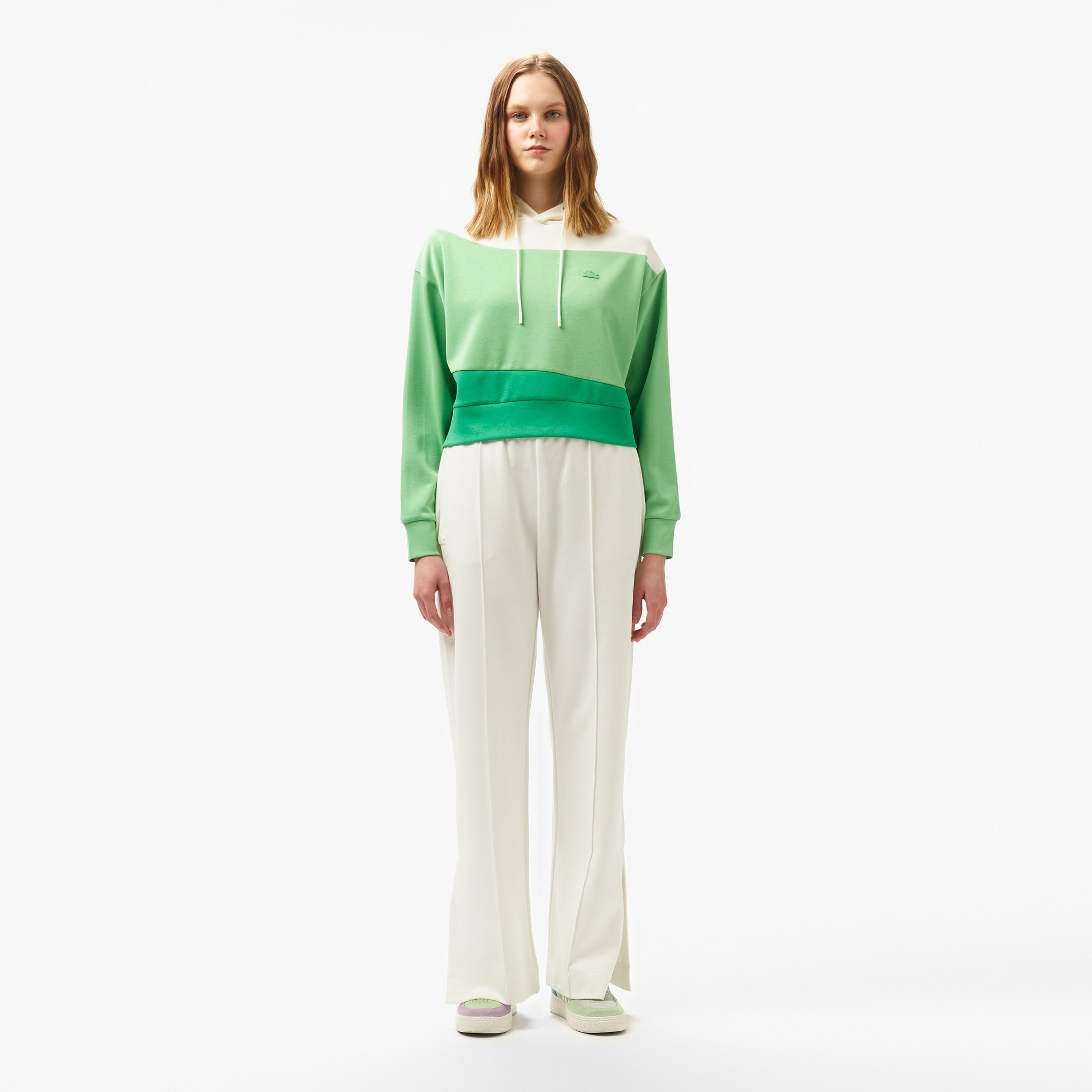 Kadın Kapüşonlu Renk Bloklu Açık Yeşil Sweatshirt