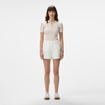 Kadın Slim Fit Kısa Kollu Yarım Fermuarlı Krem Triko