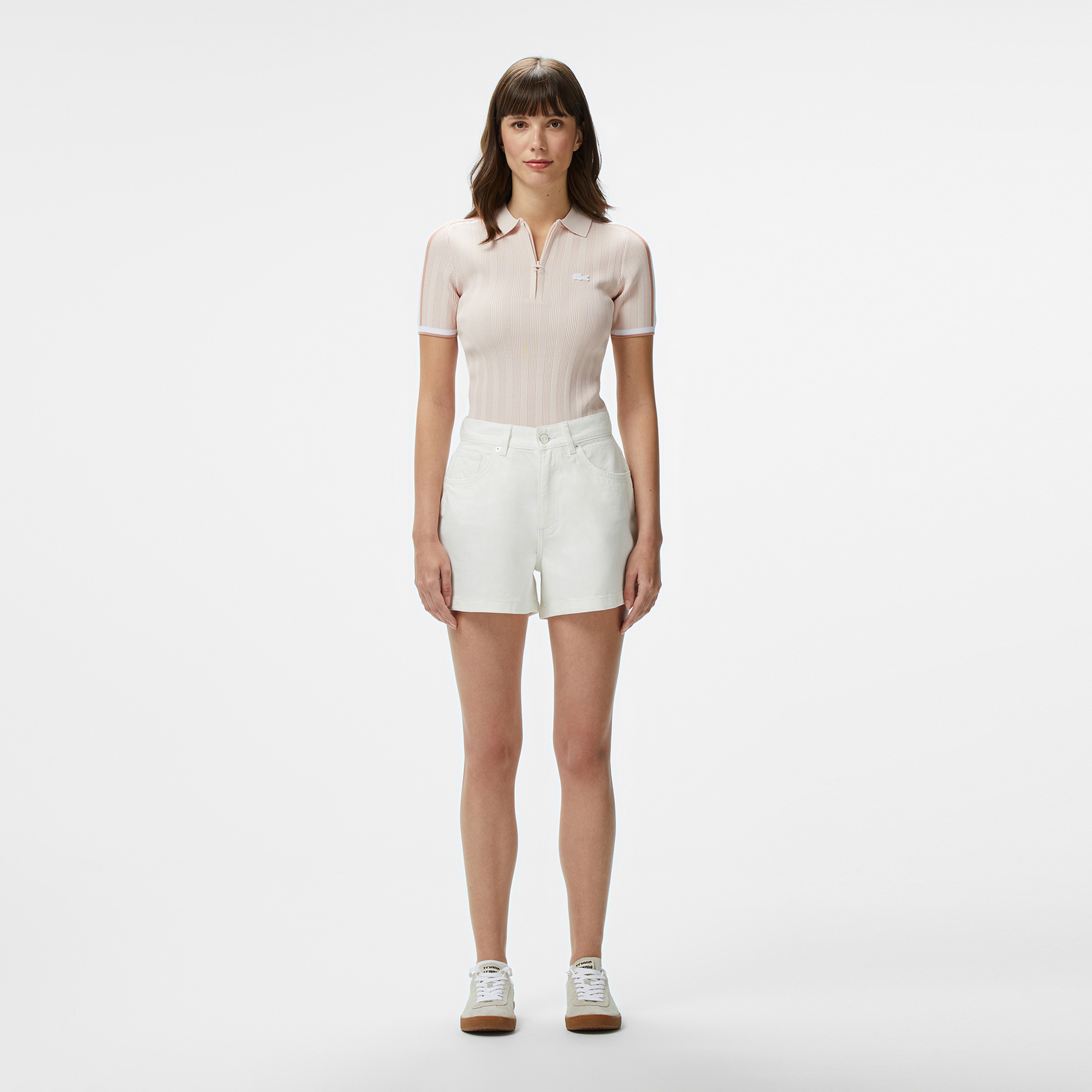 Kadın Slim Fit Kısa Kollu Yarım Fermuarlı Krem Triko