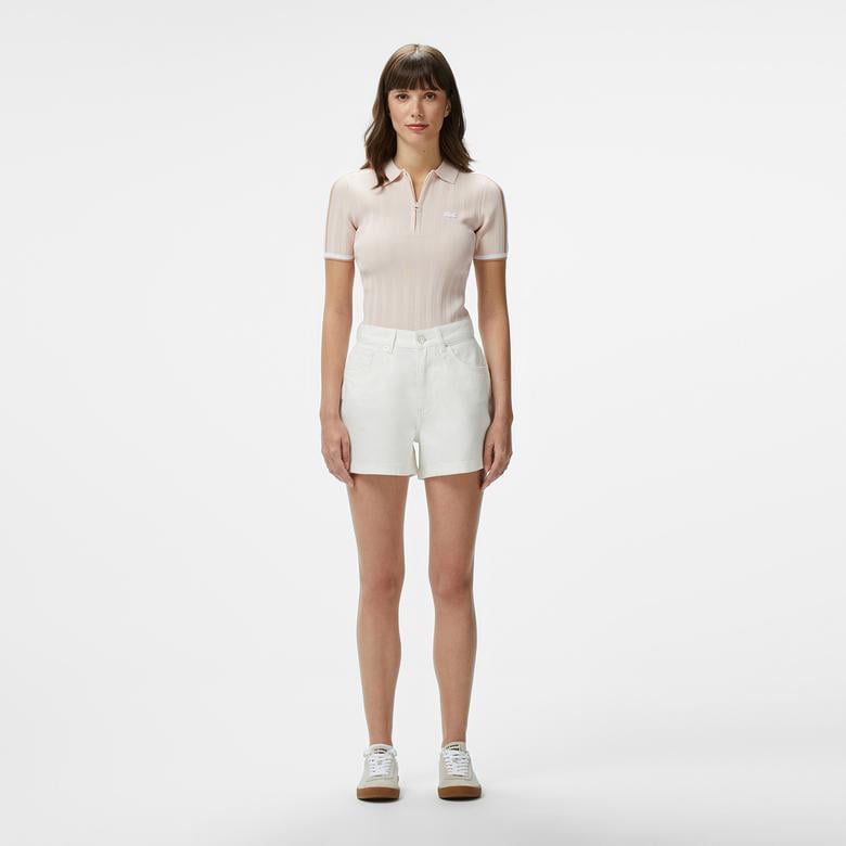 Kadın Slim Fit Kısa Kollu Yarım Fermuarlı Krem Triko