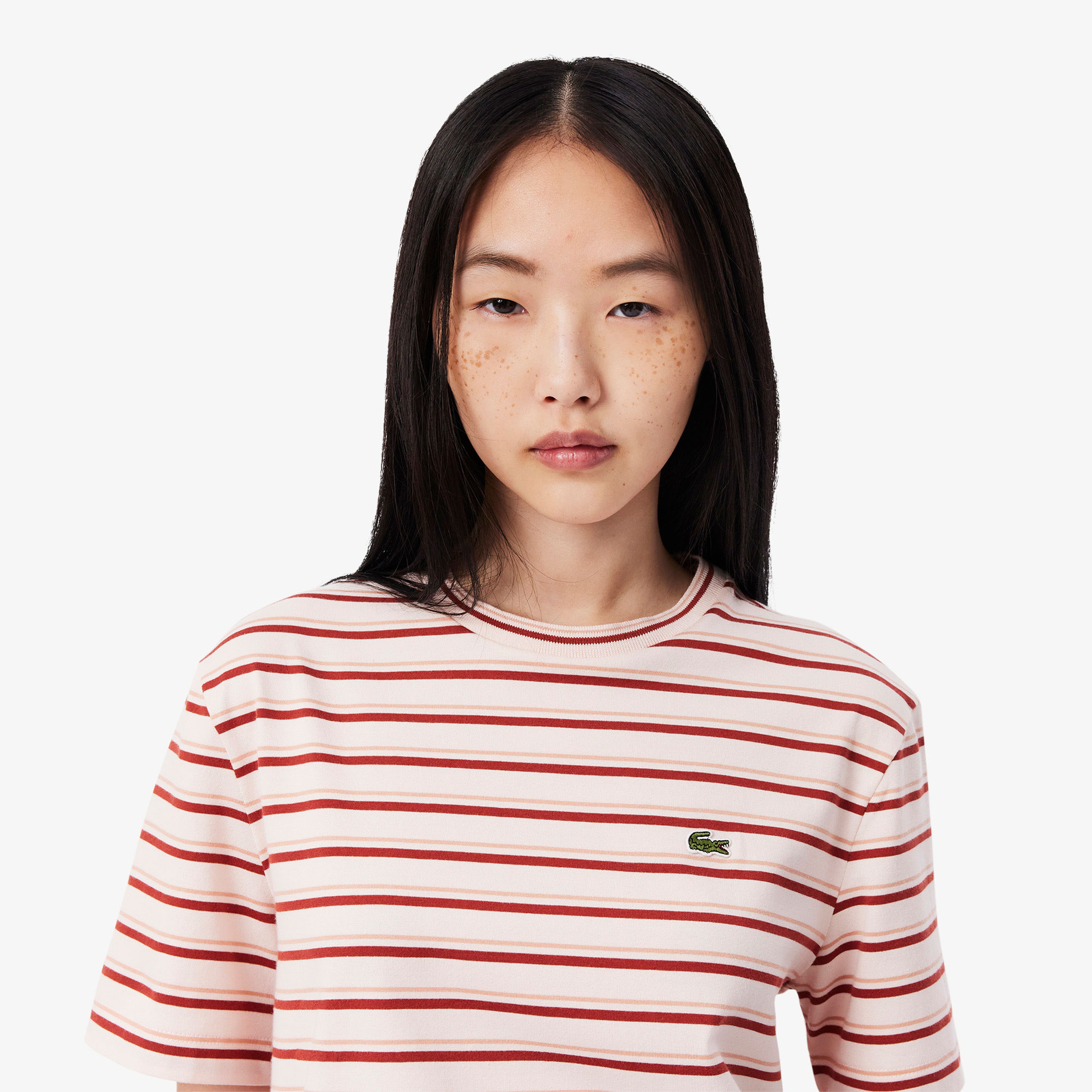 Kadın Regular Fit Bisiklet Yaka Çizgili Bej T-Shirt