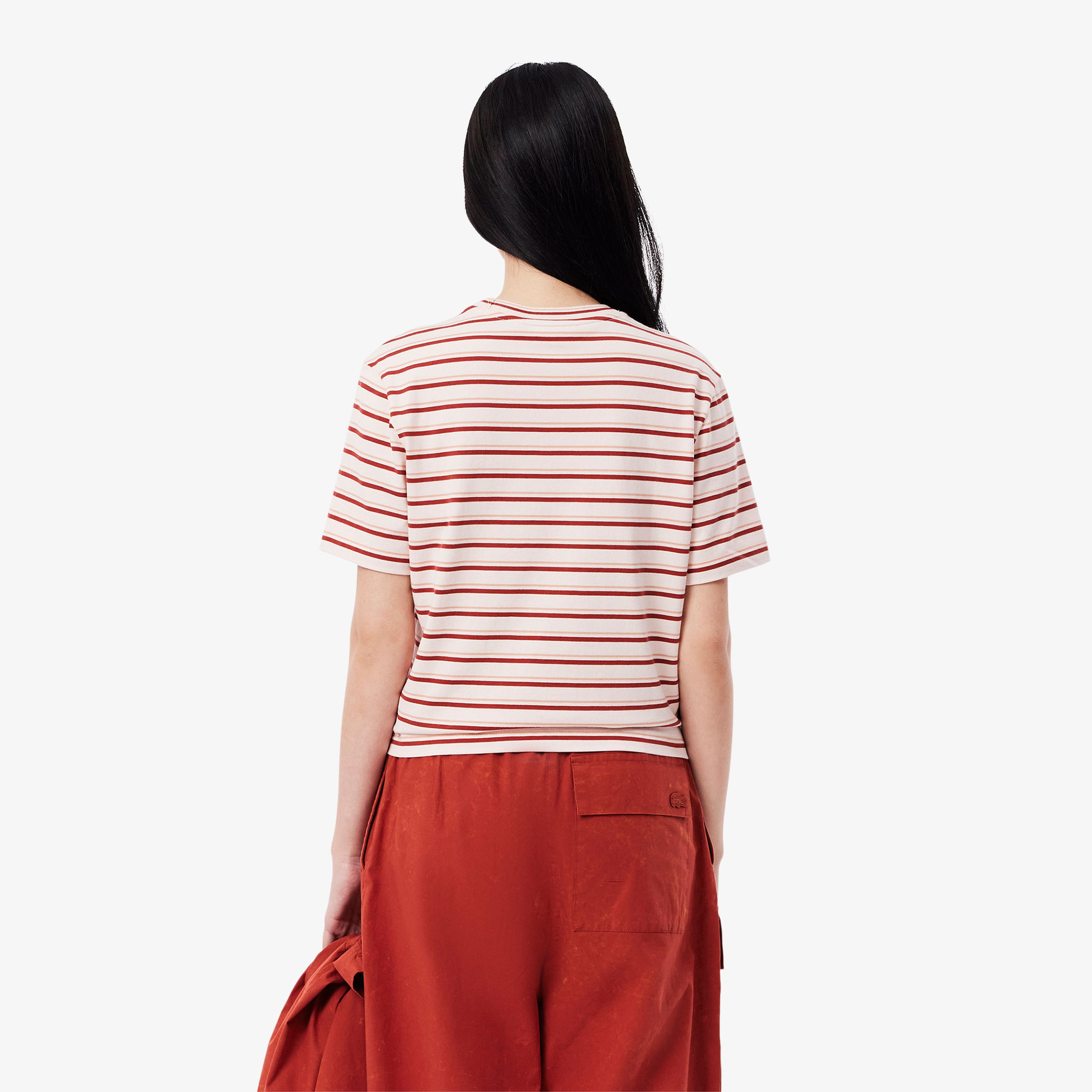 Kadın Regular Fit Bisiklet Yaka Çizgili Bej T-Shirt