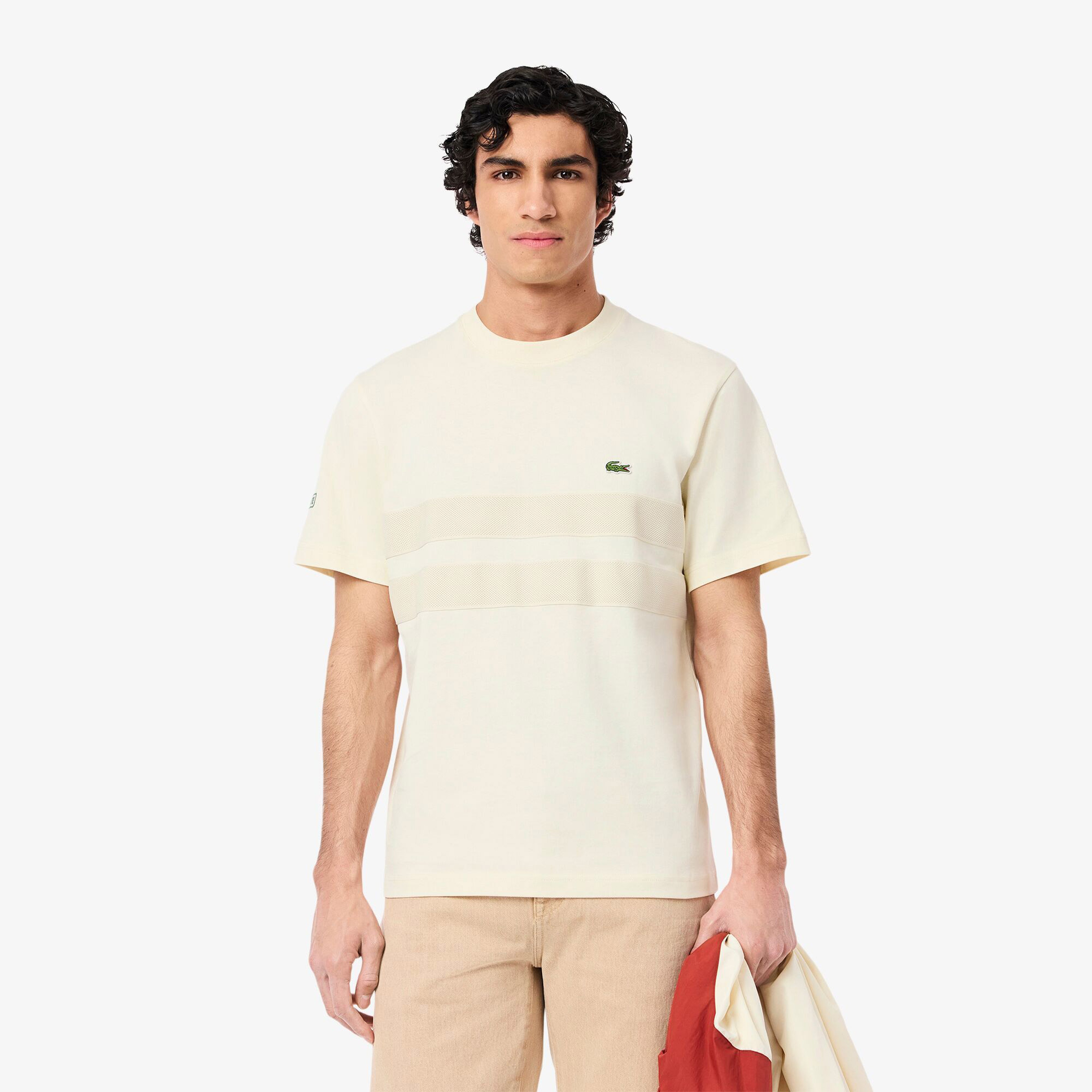 Lacoste Heavy Jersey Mesh Band Erkek Krem T-Shirt