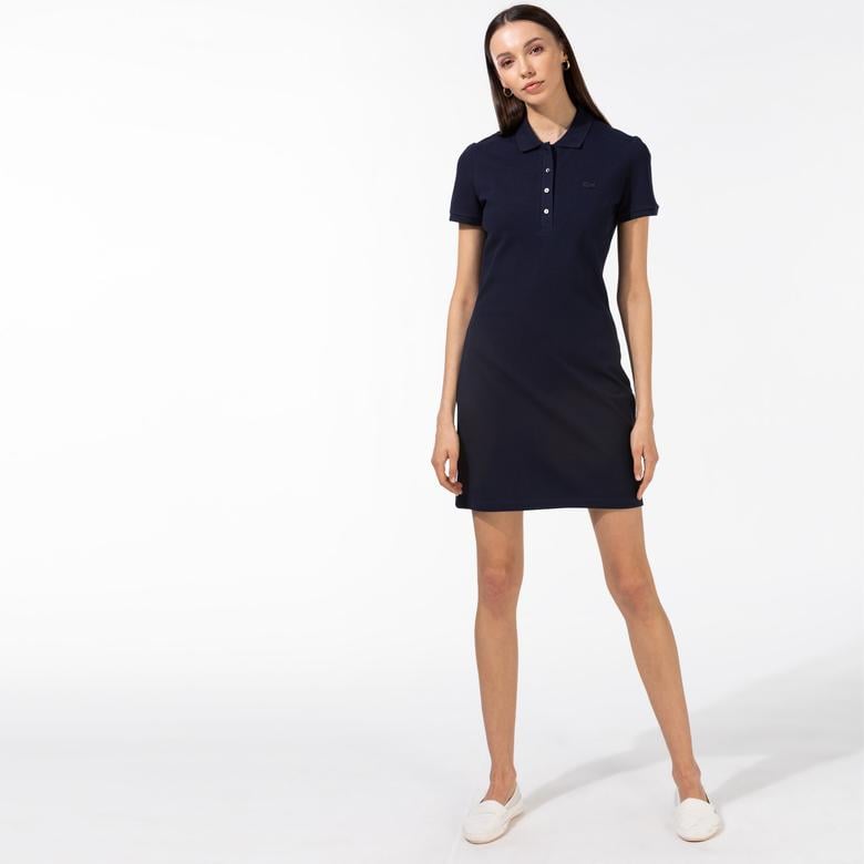 Kadın Slim Fit Kısa Kollu Polo Yaka Lacivert Elbise