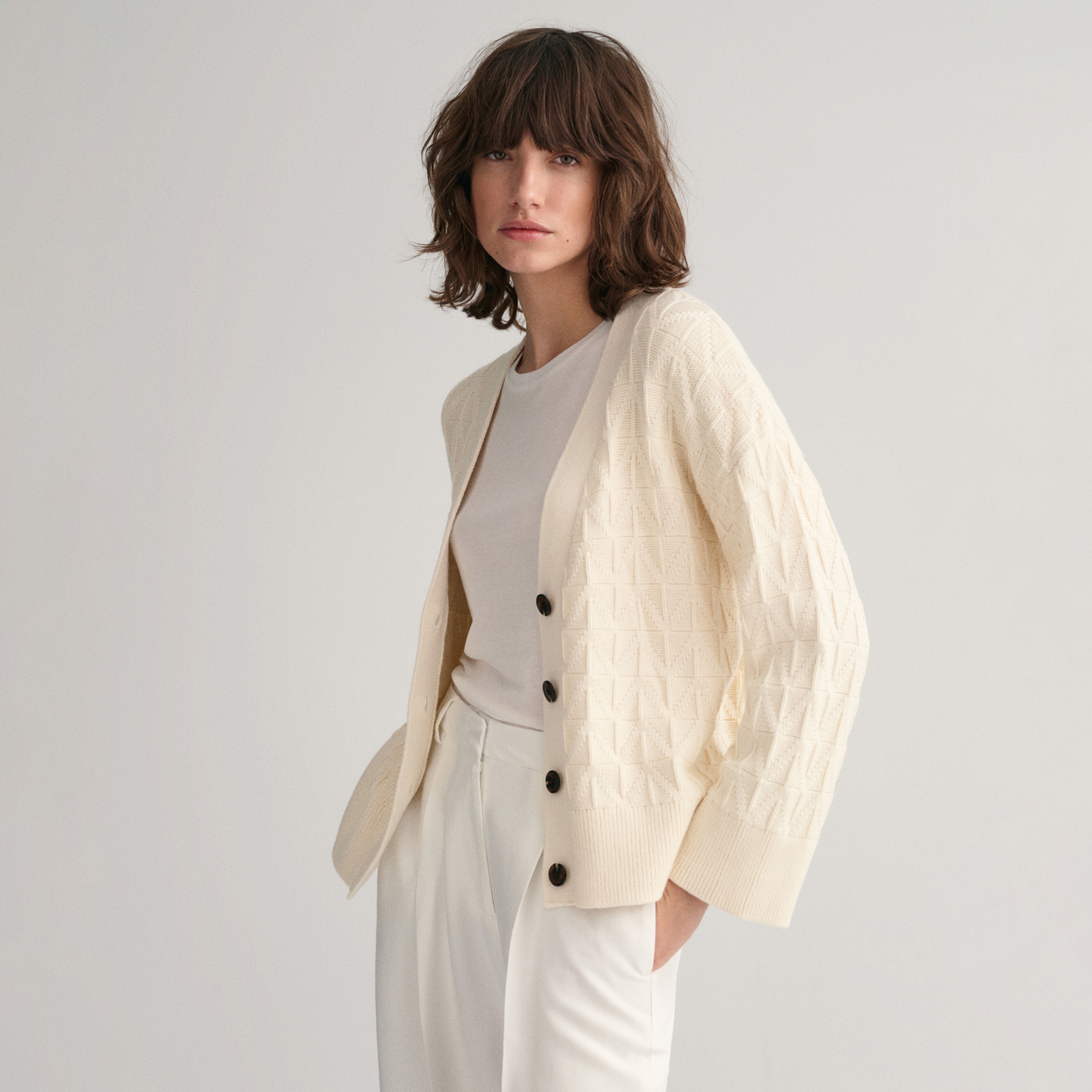 GANT Kadın Krem Relaxed Fit Klasik Yaka Hırka