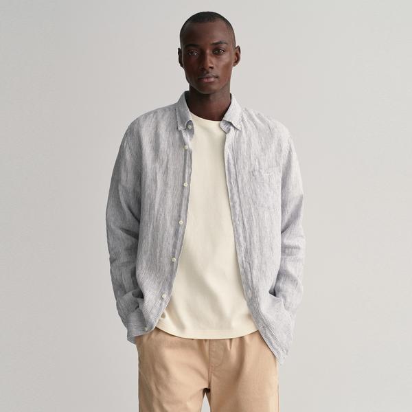 GANT Erkek Lacivert Regular Fit Çizgili Keten Gömlek