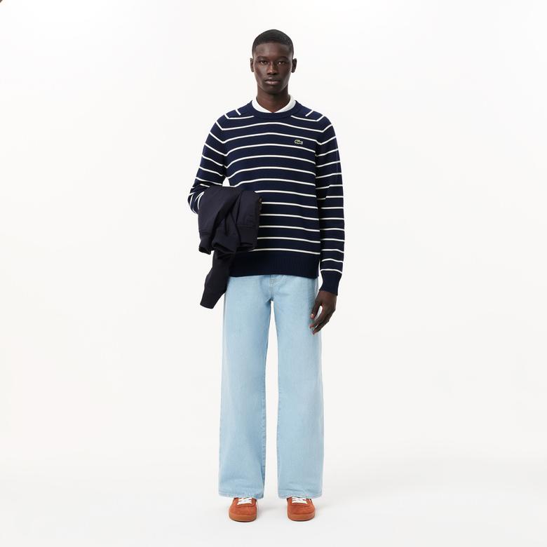 Erkek Regular Fit Bisiklet Yaka Çizgili Lacivert Kazak