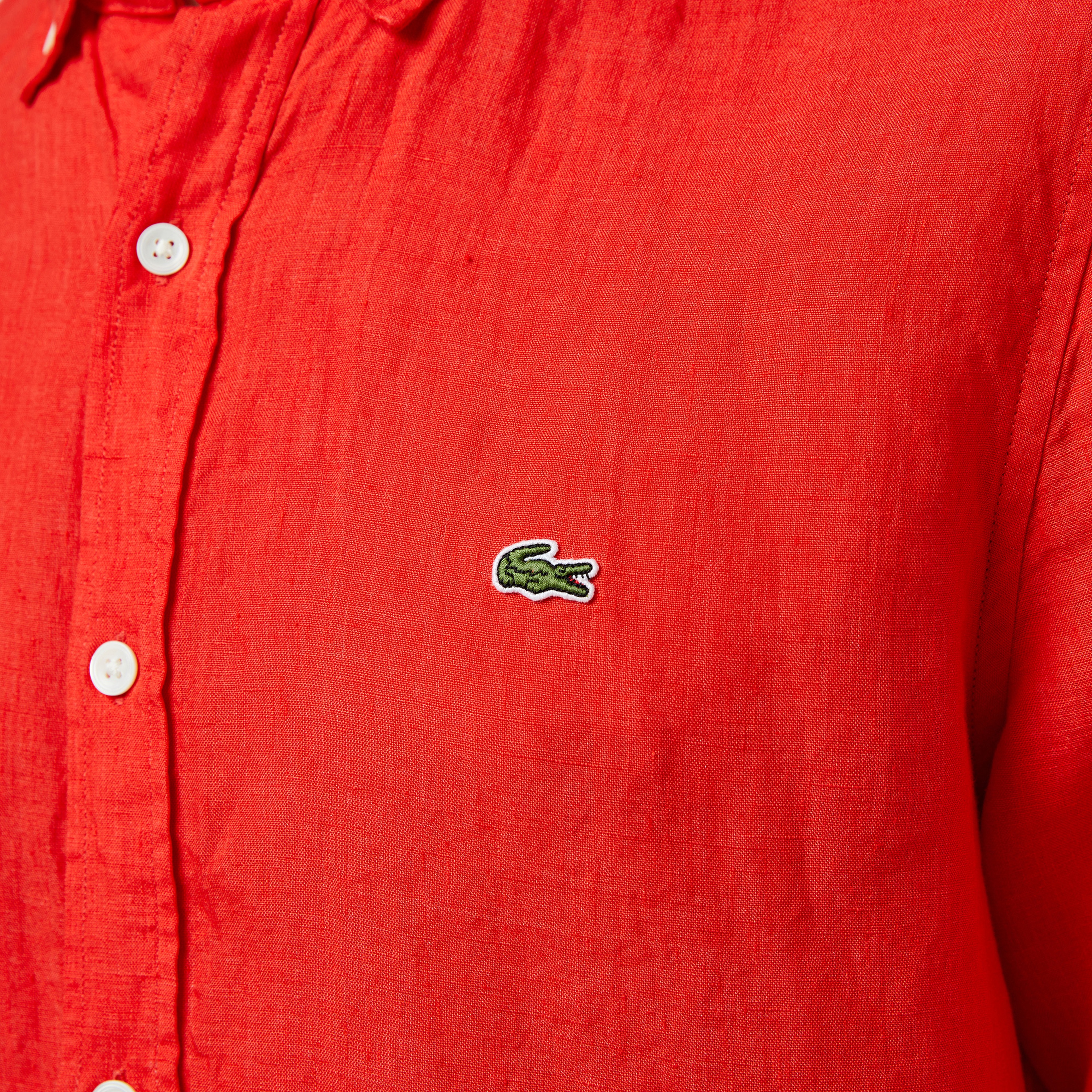 Lacoste Erkek Regular Fit Düğmeli Yaka Keten Kırmızı Gömlek