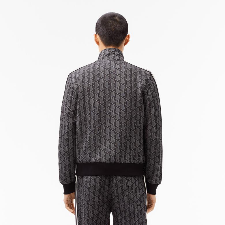 Erkek Regular Fit Fermuarlı Monogram Siyah Sweatshirt