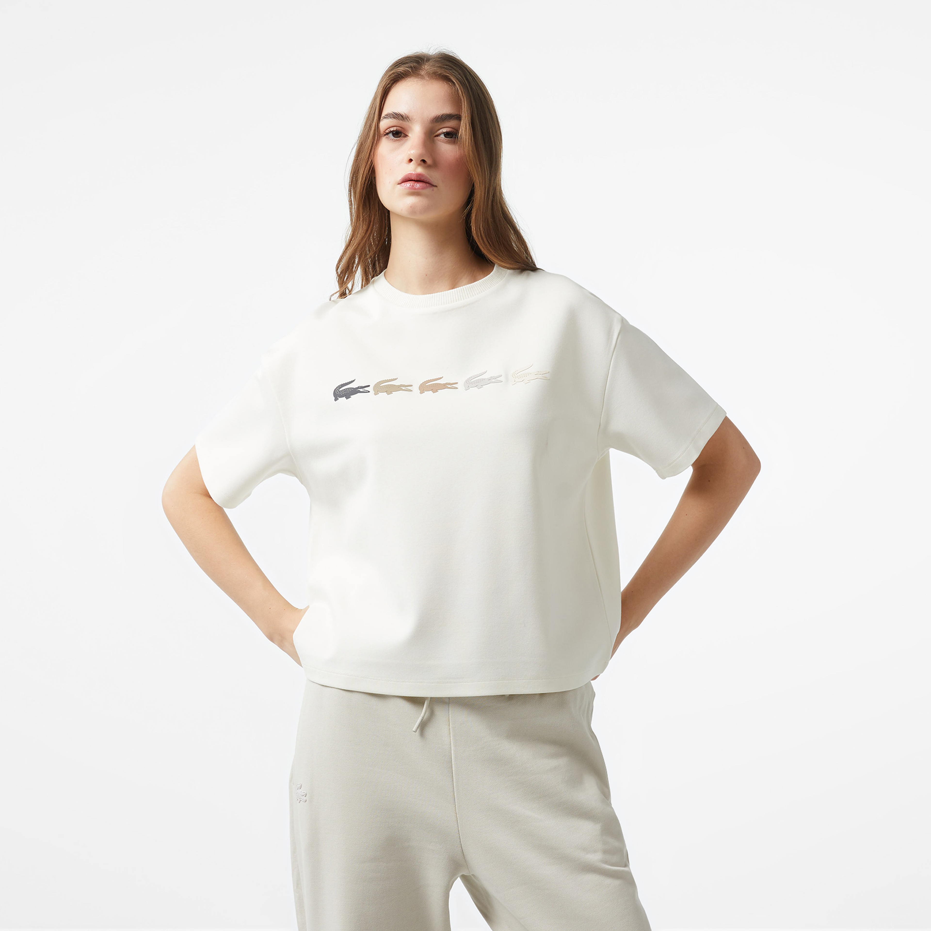 Lacoste x House of SuperStep Kadın Krem T-Shirt