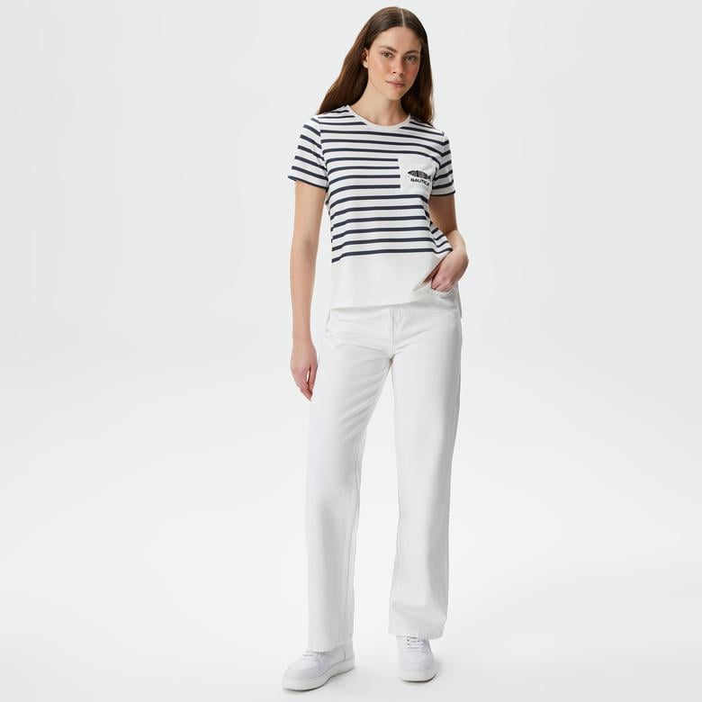 Nautica Kadın Beyaz Regular Fit Çizgili T-Shirt