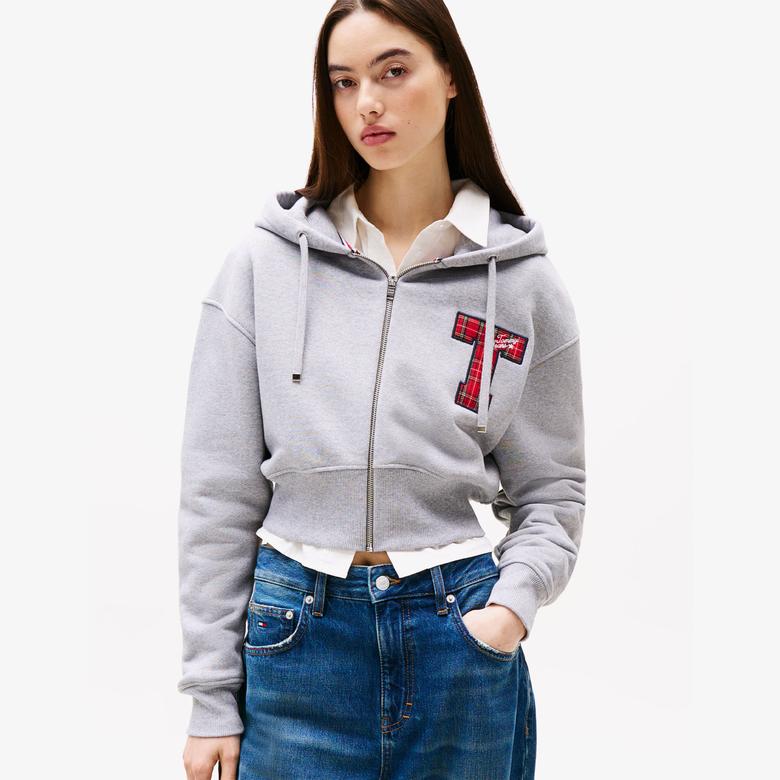 Tommy Hilfiger Tjw Zip Thru Applique Kadın Gri Hoodie