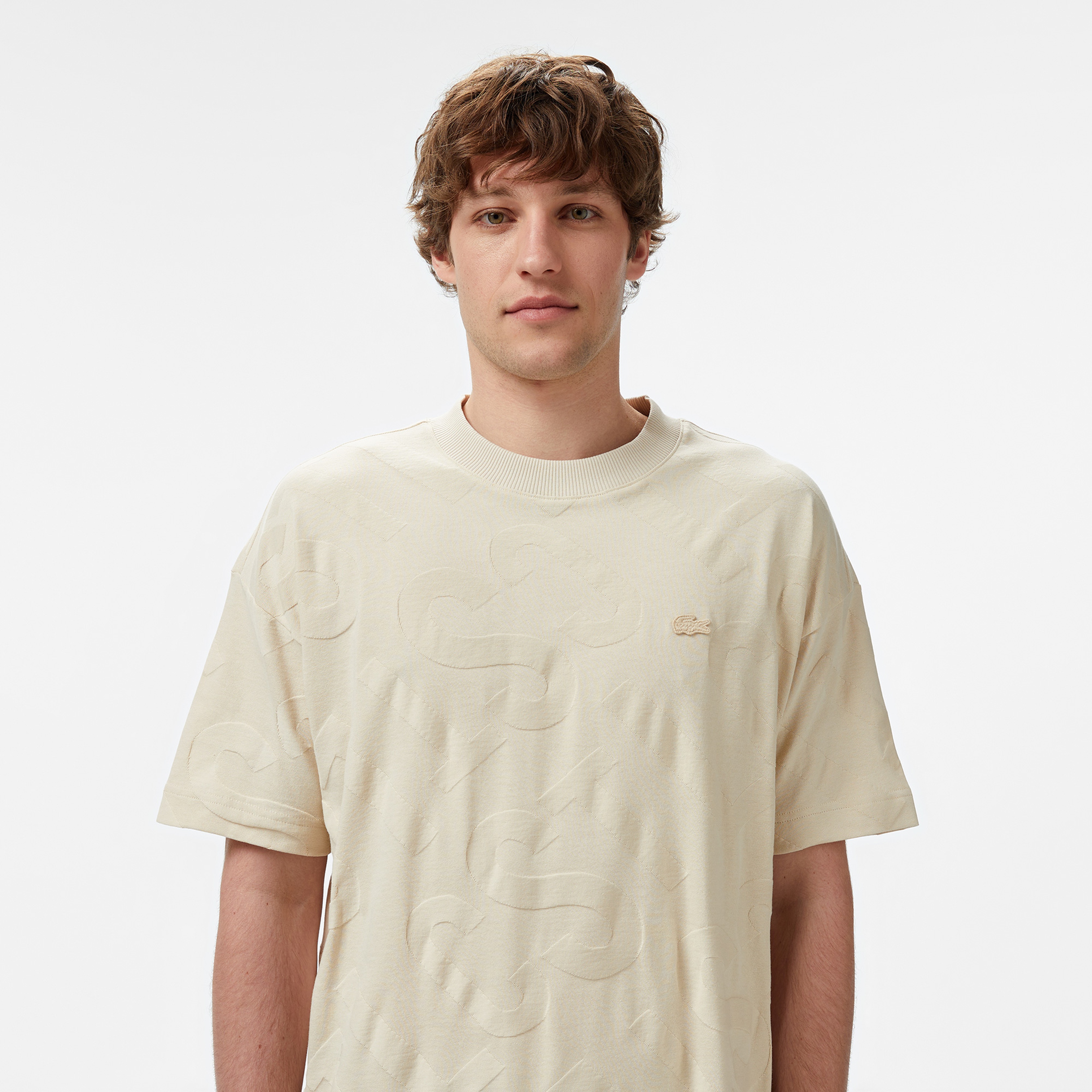 Erkek Bisiklet Yaka Desenli Bej T-Shirt