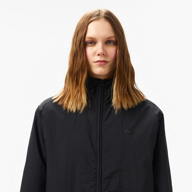 Kadın Kapüşonlu Siyah Yağmurluk