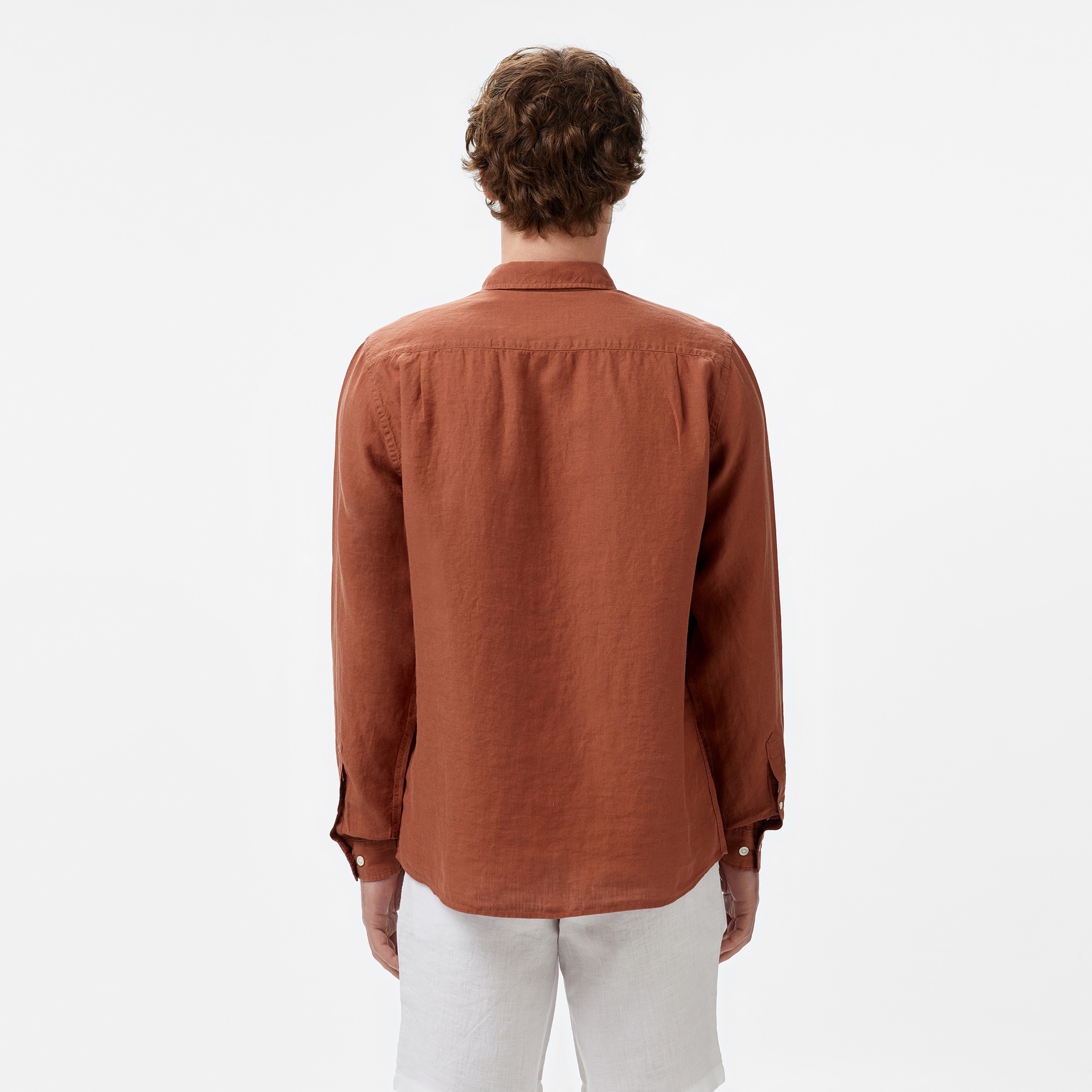 Erkek Regular Fit Düğmeli Yaka Keten Kahverengi Gömlek