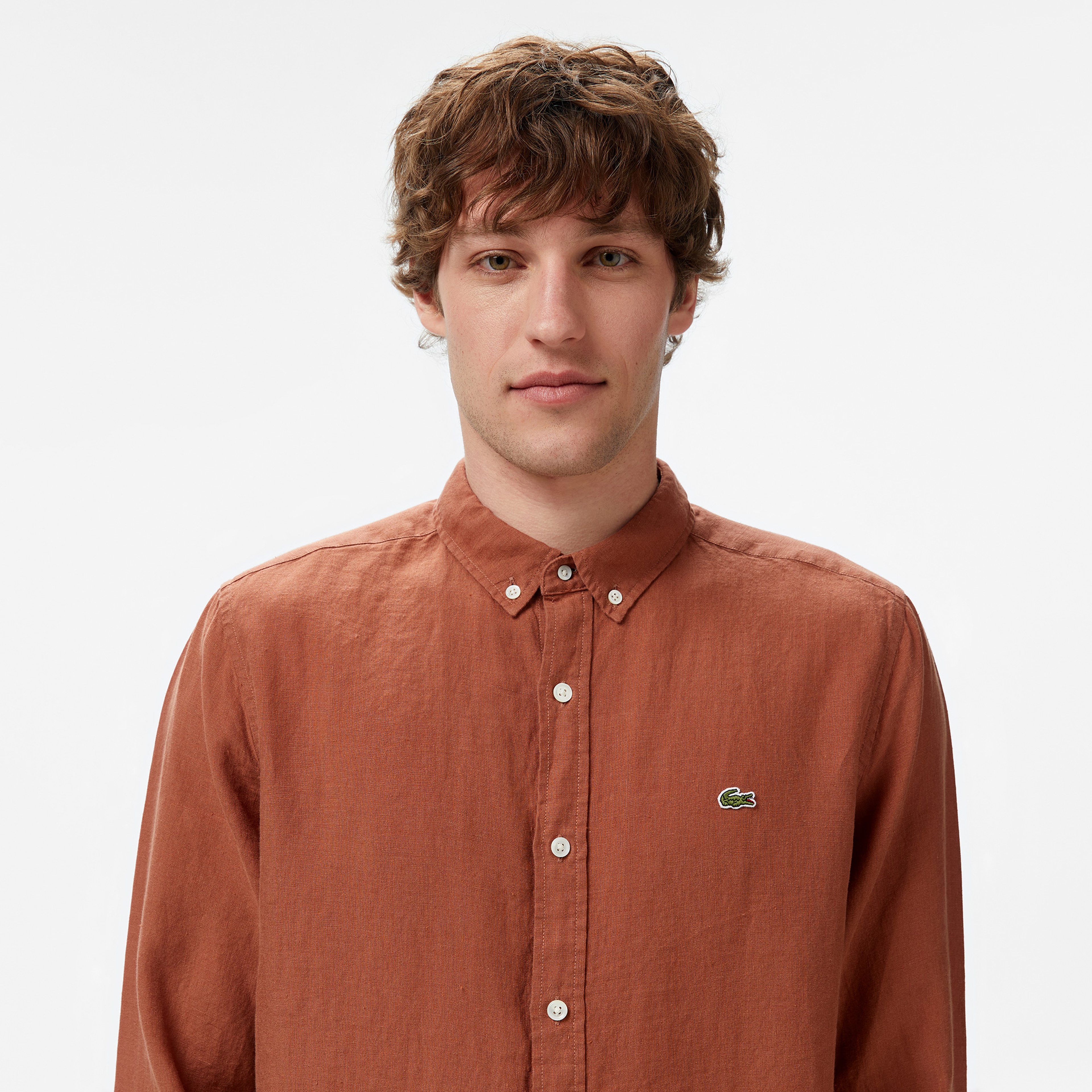 Erkek Regular Fit Düğmeli Yaka Keten Kahverengi Gömlek