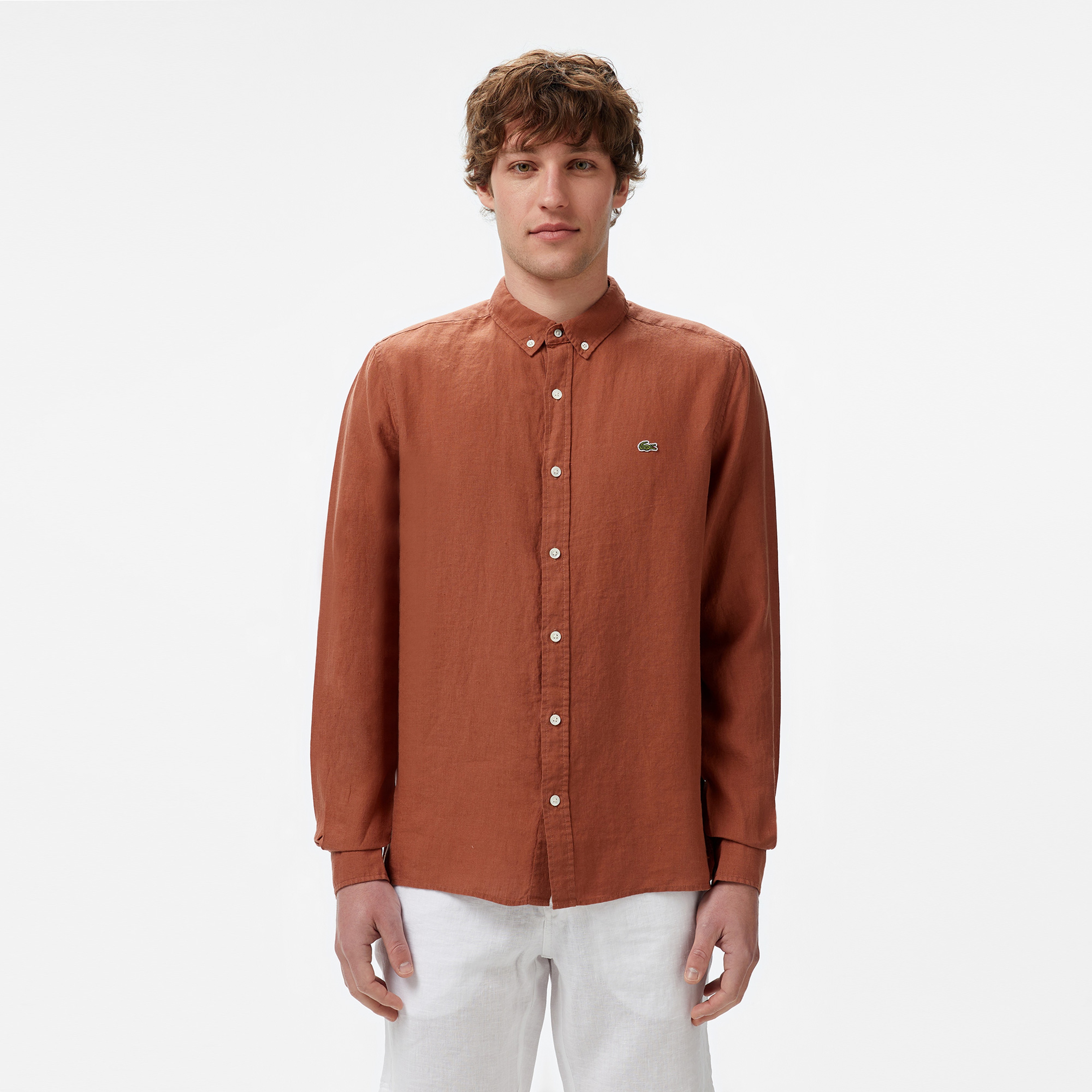 Erkek Regular Fit Düğmeli Yaka Keten Kahverengi Gömlek