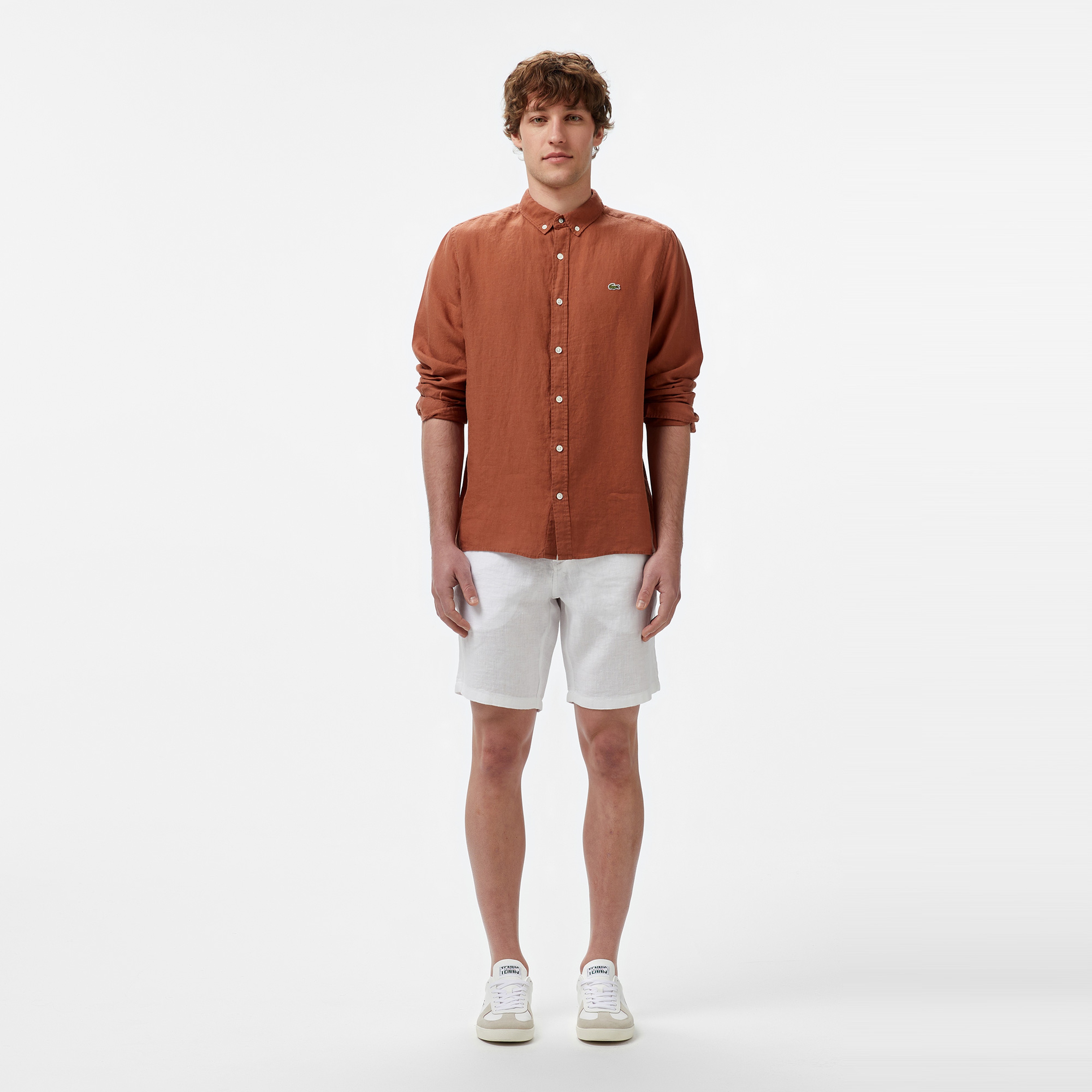 Erkek Regular Fit Düğmeli Yaka Keten Kahverengi Gömlek