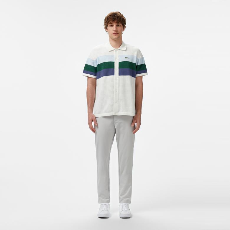 Erkek Kısa Kollu Polo Yaka Çizgili Beyaz Triko