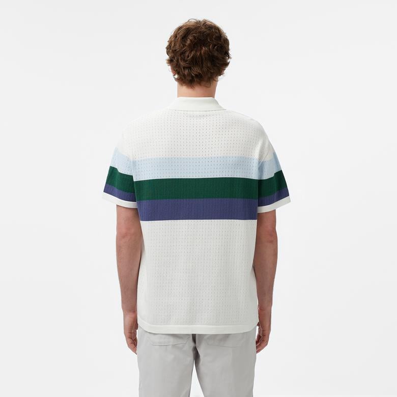 Erkek Kısa Kollu Polo Yaka Çizgili Beyaz Triko