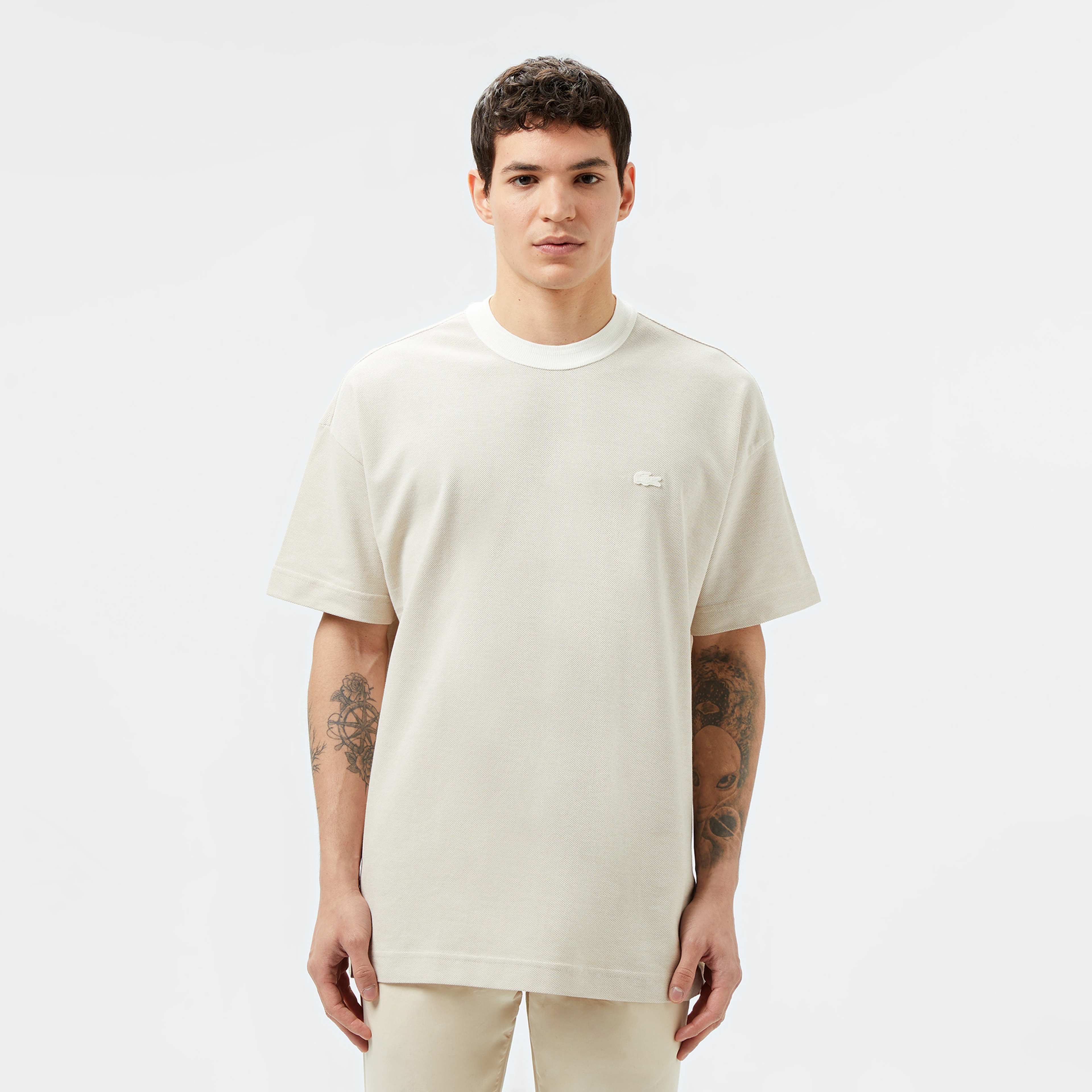 Erkek Oversize Fit Bisiklet Yaka Krem T-Shirt