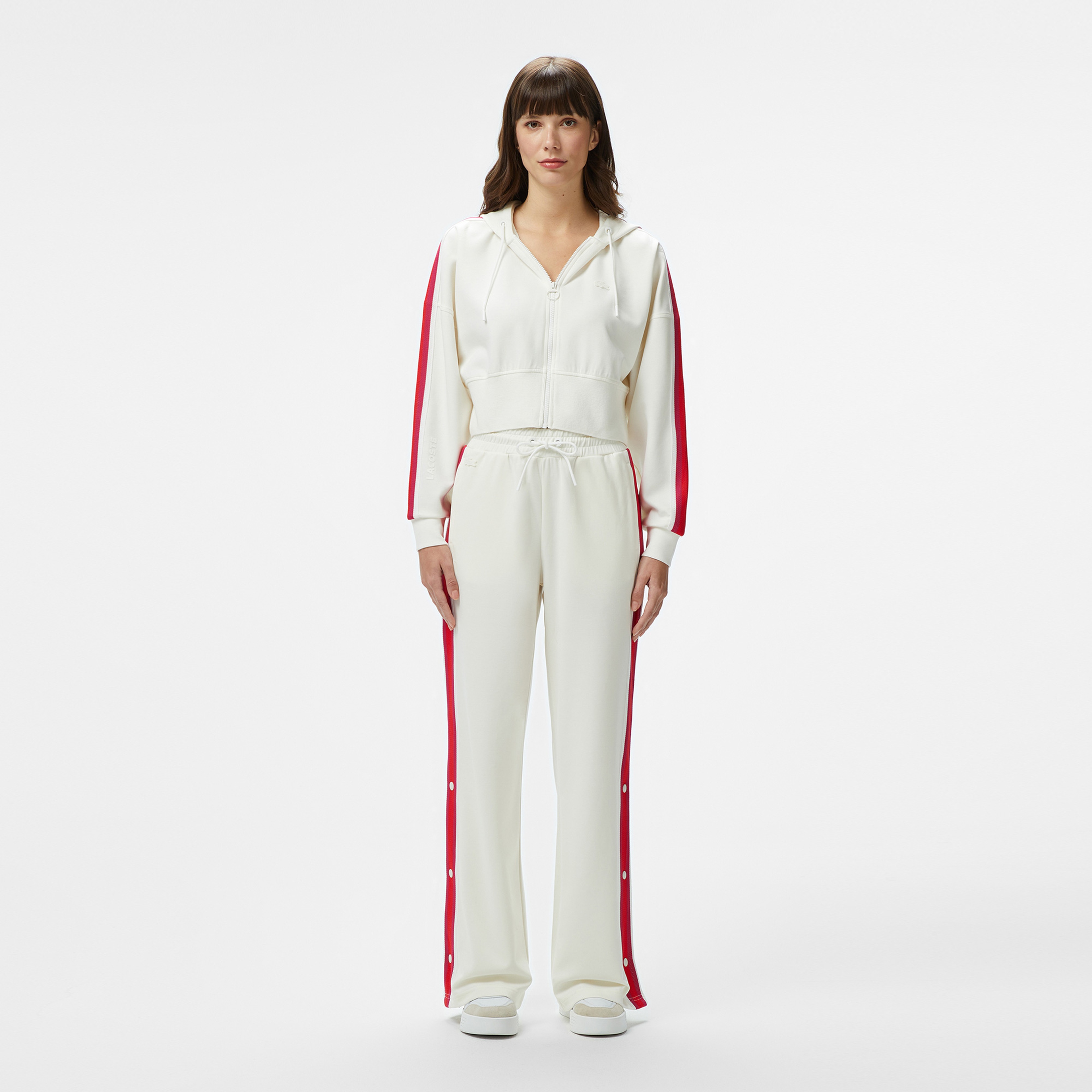 Kadın Crop Fit Fermuarlı Renk Bloklu Beyaz Sweatshirt